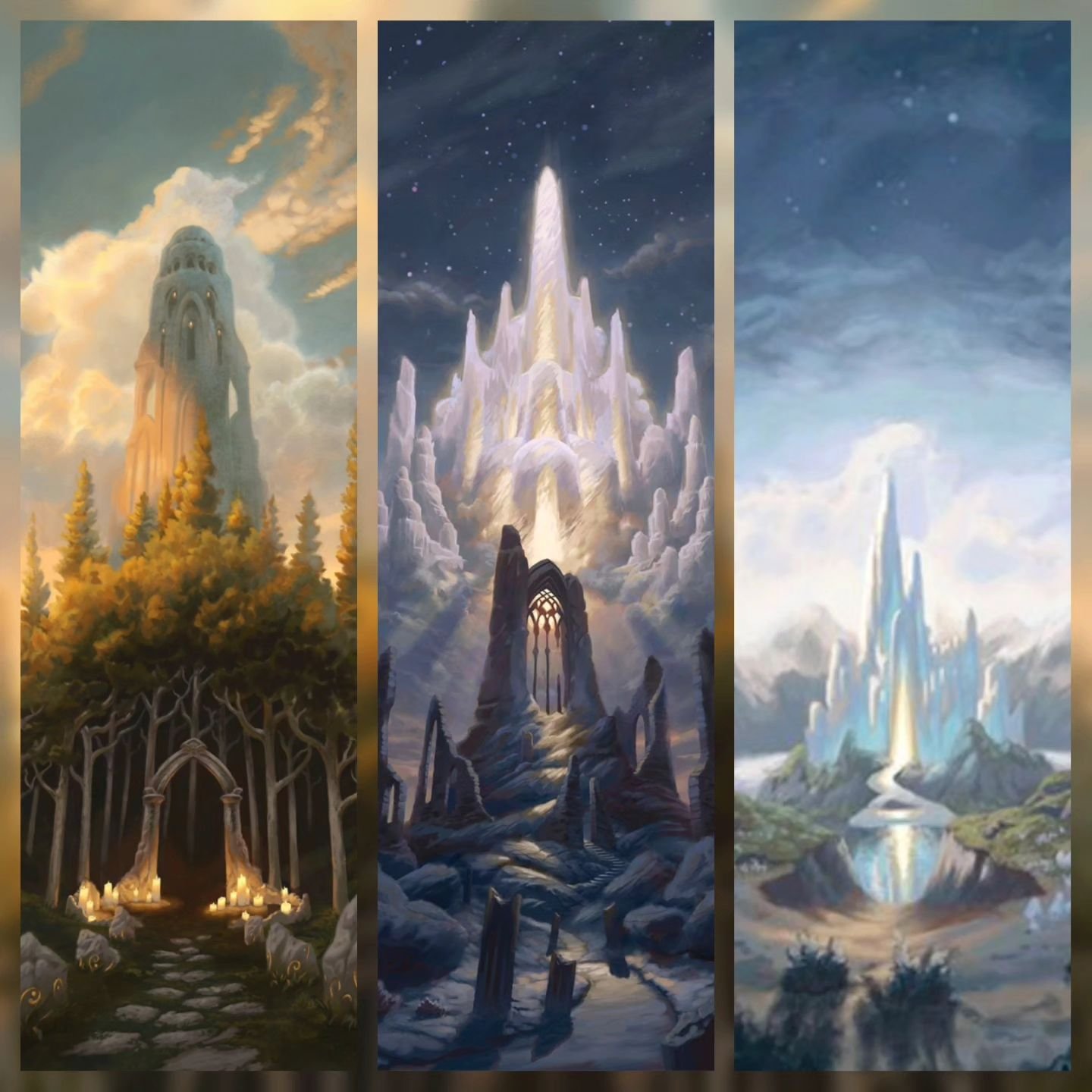 The Fey Door, Memory &amp; Dream, and Unto Dawn--check out these new pieces in my web st0re.

#theelselands #mtg #magicthegathering #dungeonsanddragons #dnd #tarot #tarotcard #tarotcards #tarotdeck #tarotdecks #thetower #dungeonsynth #fantasyart