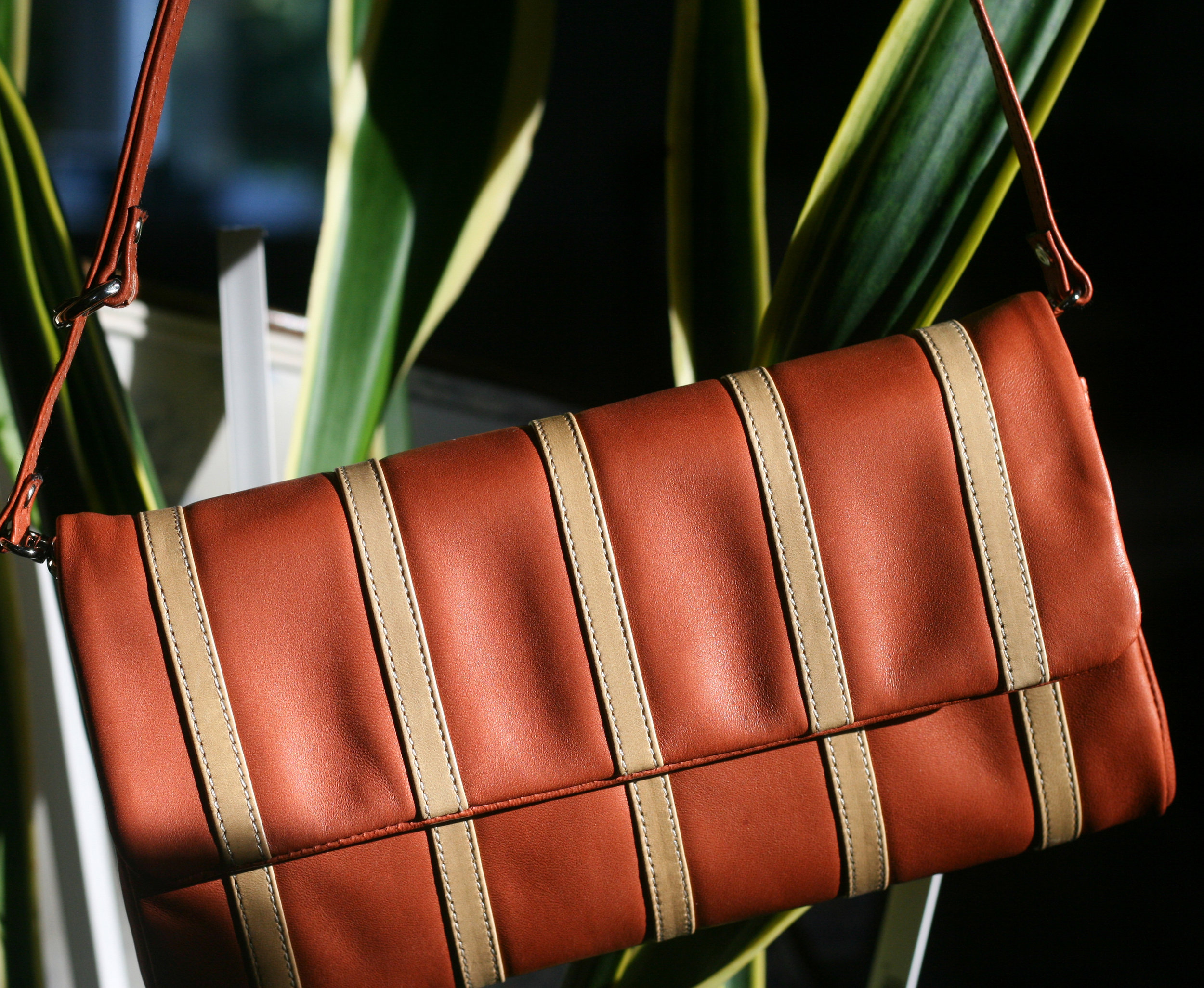 Vertically striped lambskin flap bag with turn lock, suede lining, zip  pocket and removable strap, — Anna Orthwein Designs