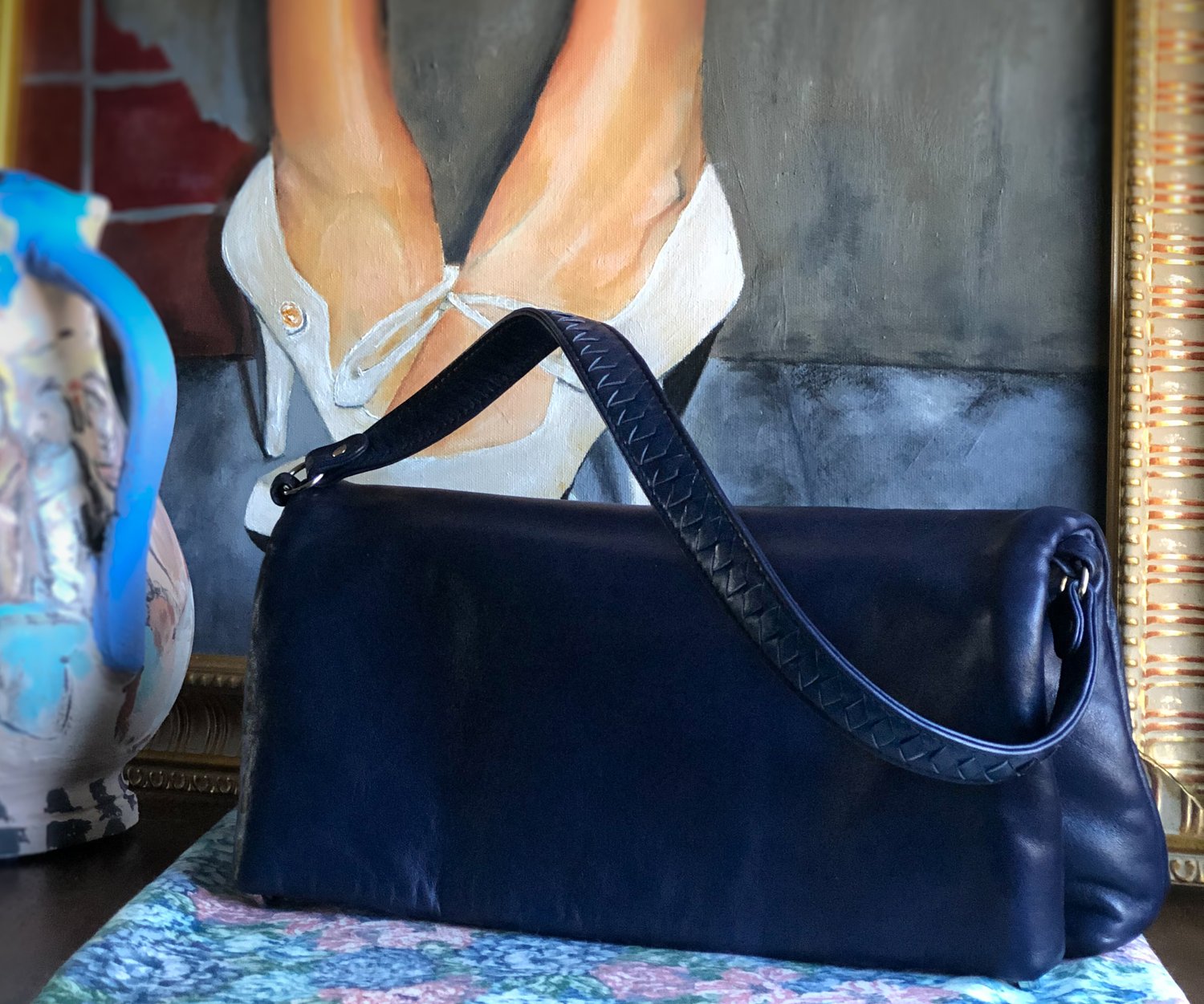 Fold-over clutch, navy blue lambskin, woven arm strap, removable shoulder  strap, suede lining. — Anna Orthwein Designs
