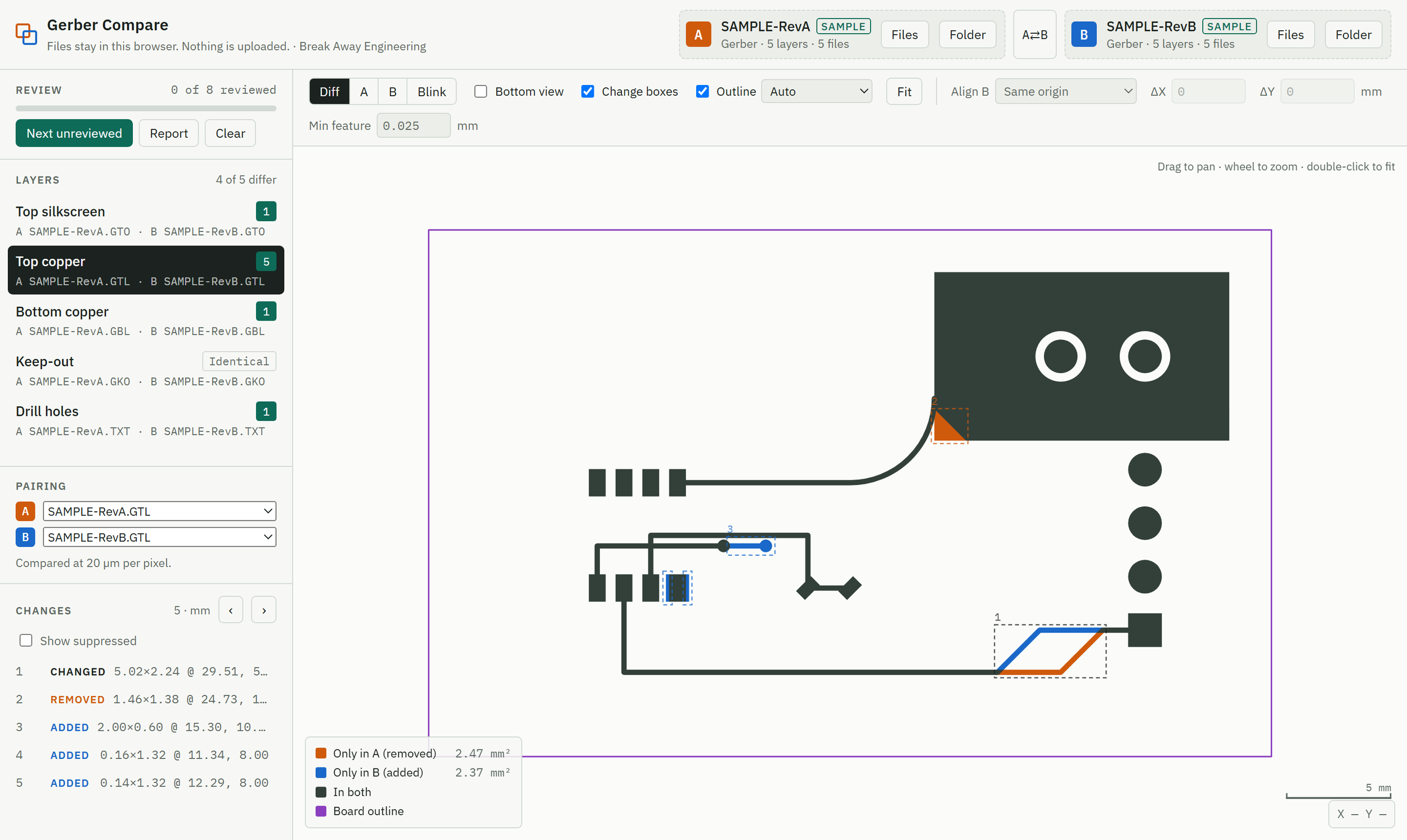 Gerber Compare showing differences between two board revisions
