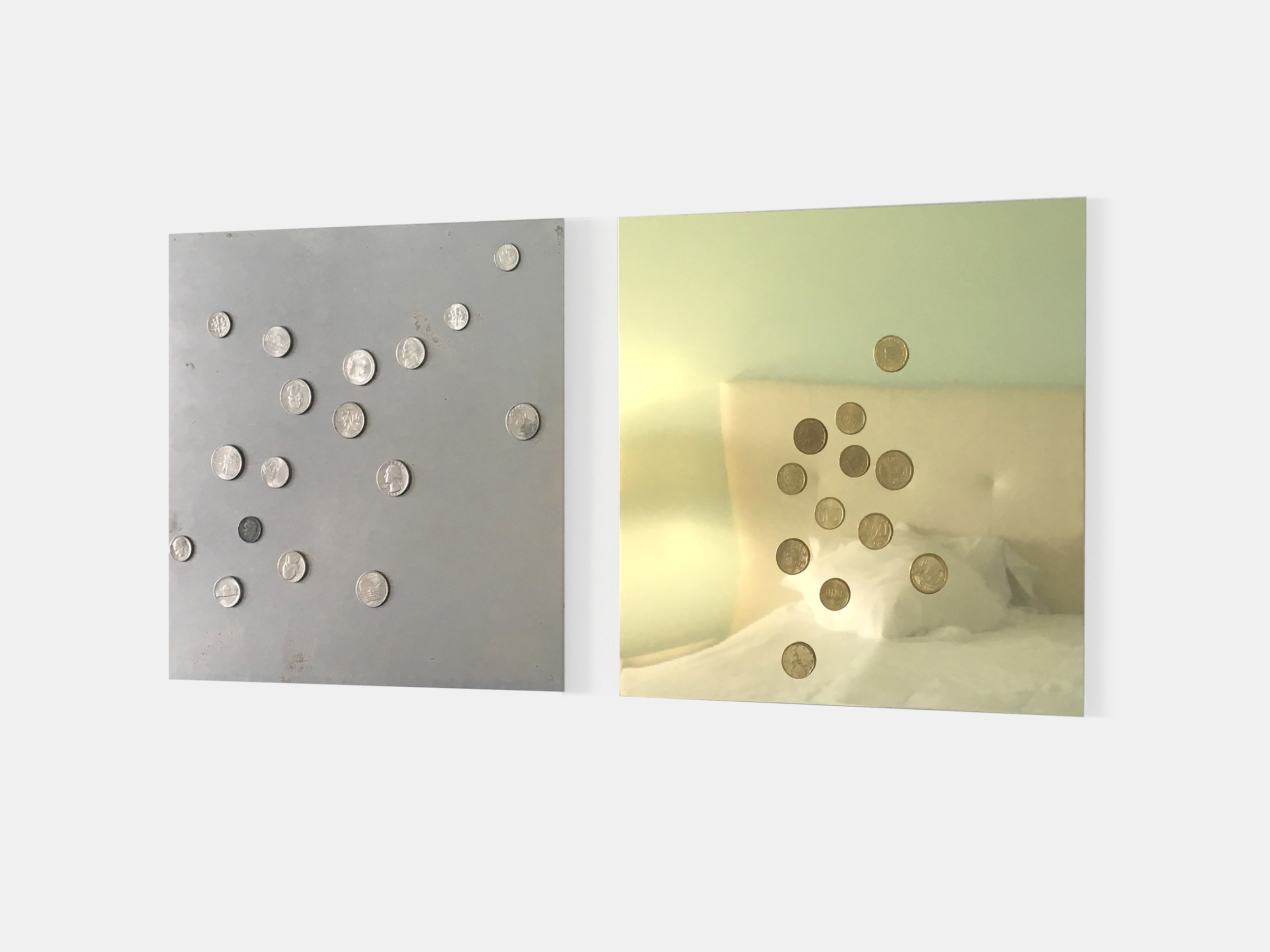  Mikkel Carl  Britney Survived 2007 – You Can Handle Today (1) , 2016 United States coin currency on milled steel sheet (left panel), Eurocents on anodized aluminum sheet (right panel) 12 x 12 inches (31 x 31 cm) each MC4 