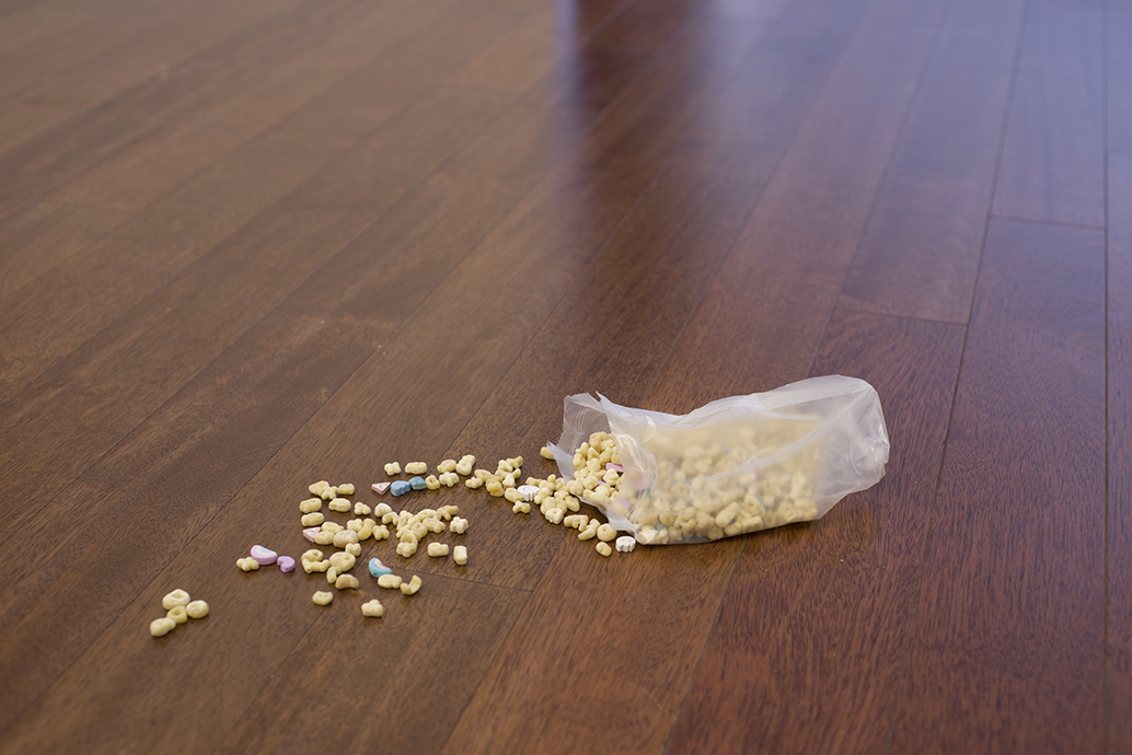Daniel Klaas Beckwith spelt , 2015 urethane foam, baked polymer clay, plastic bag dimensions variable view 1
