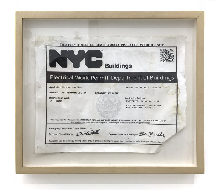  Sean Donovan  Electrical Work Permit, Department of Buildings, Application Number: B407625 , 2017 found permit, tape, adhesive, frame 11 x 8 1/2 inches (28 x 22 cm) SD31&nbsp; 