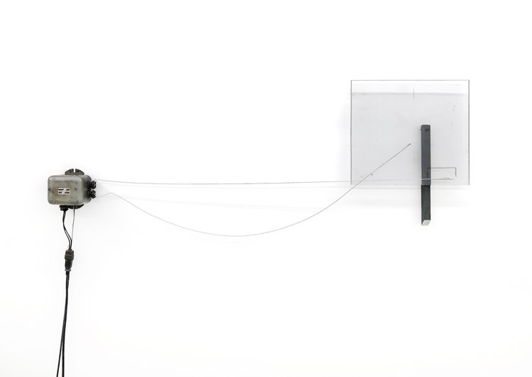  Sean Donovan  Not a good choice , 2017 oil transformer, wire, Plexiglas, hot rolled steel, microphone, amplifier, live audio feed 24 x 40 inches (61 x 102 cm) SD29 