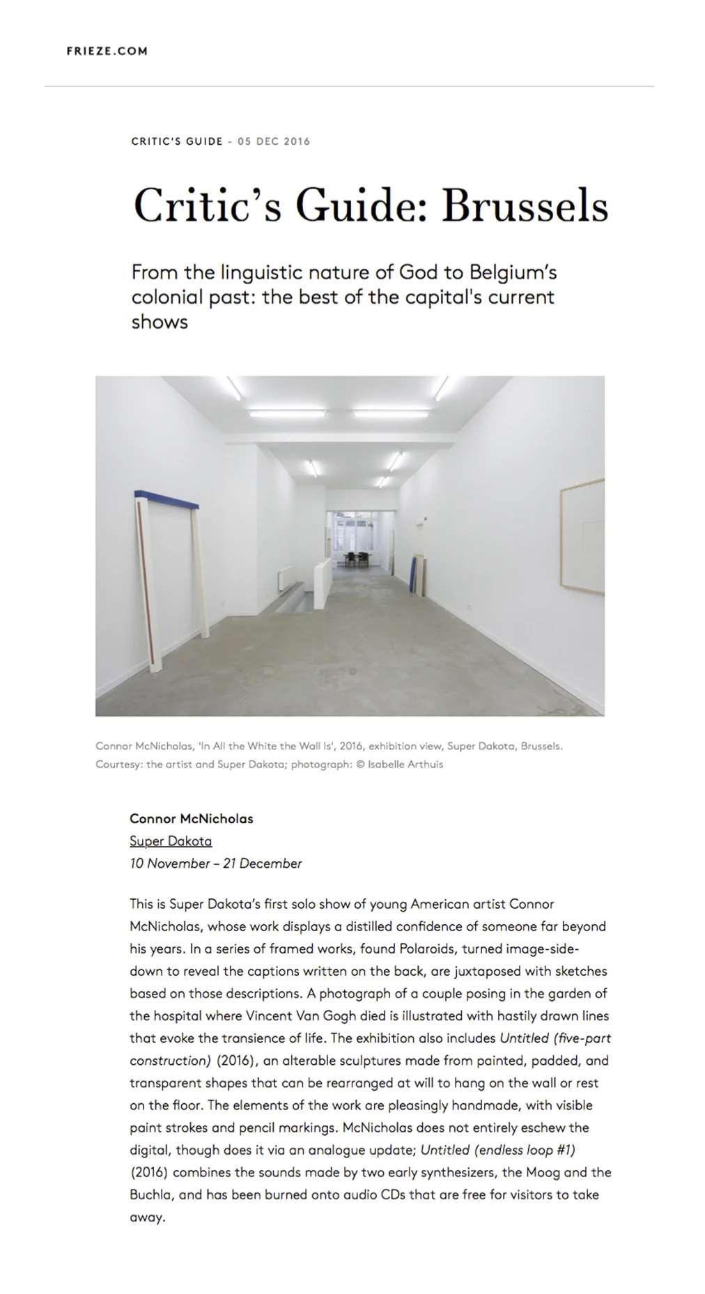 05 December 2016 FRIEZE Critic's Guide: Brussels , Ellen Mara De Wachter Full Article Download PDF