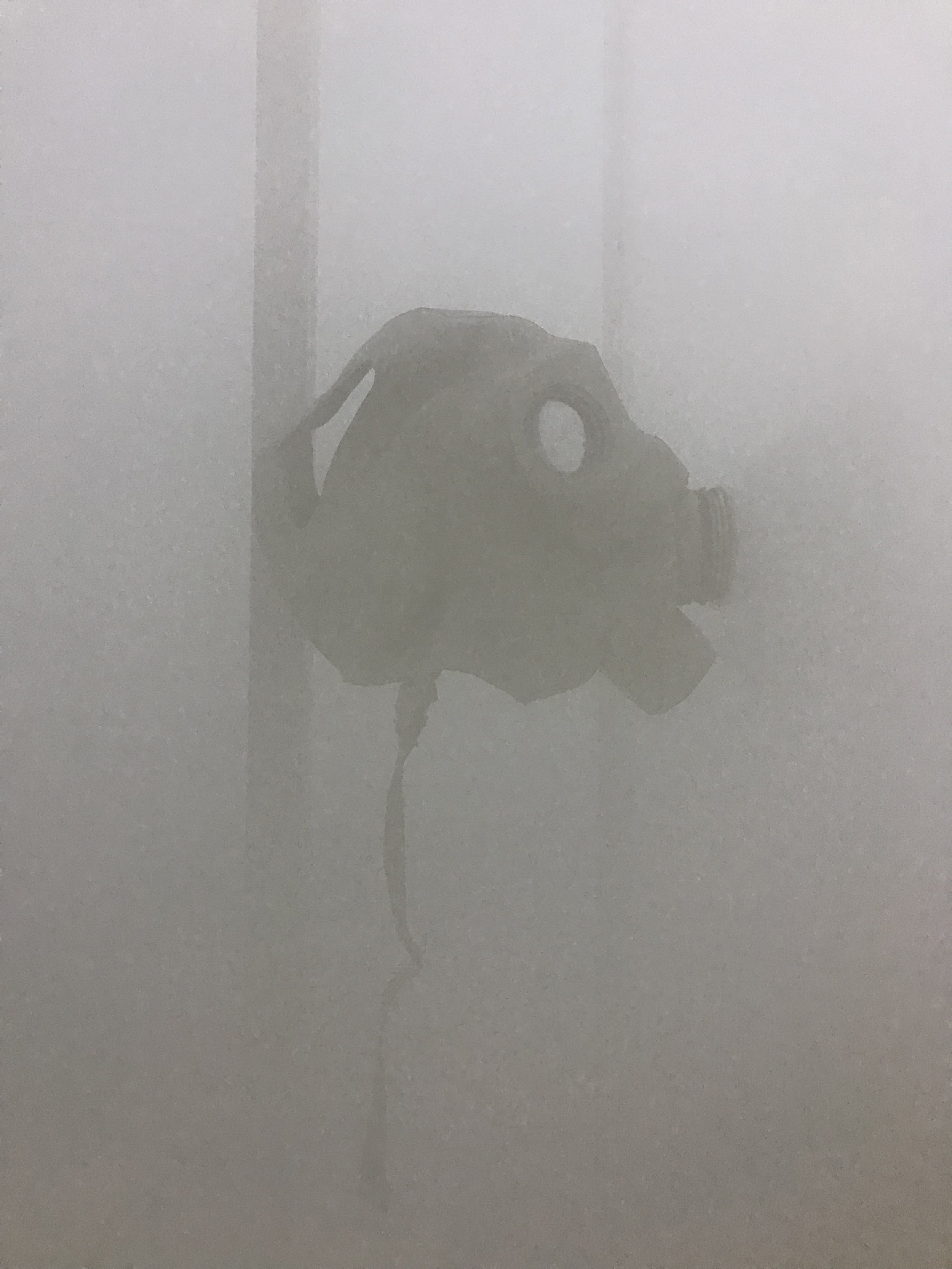  Vladislav Markov  Untitled , 2018 (detail) library shelves, Plexiglas, polyurethane engine cast, gas mask, fog machine,  plastic hose, self-adhesive carpet protector film 84 x 84 x 24 inches (213 x 213 x 61 cm) (VM3) 