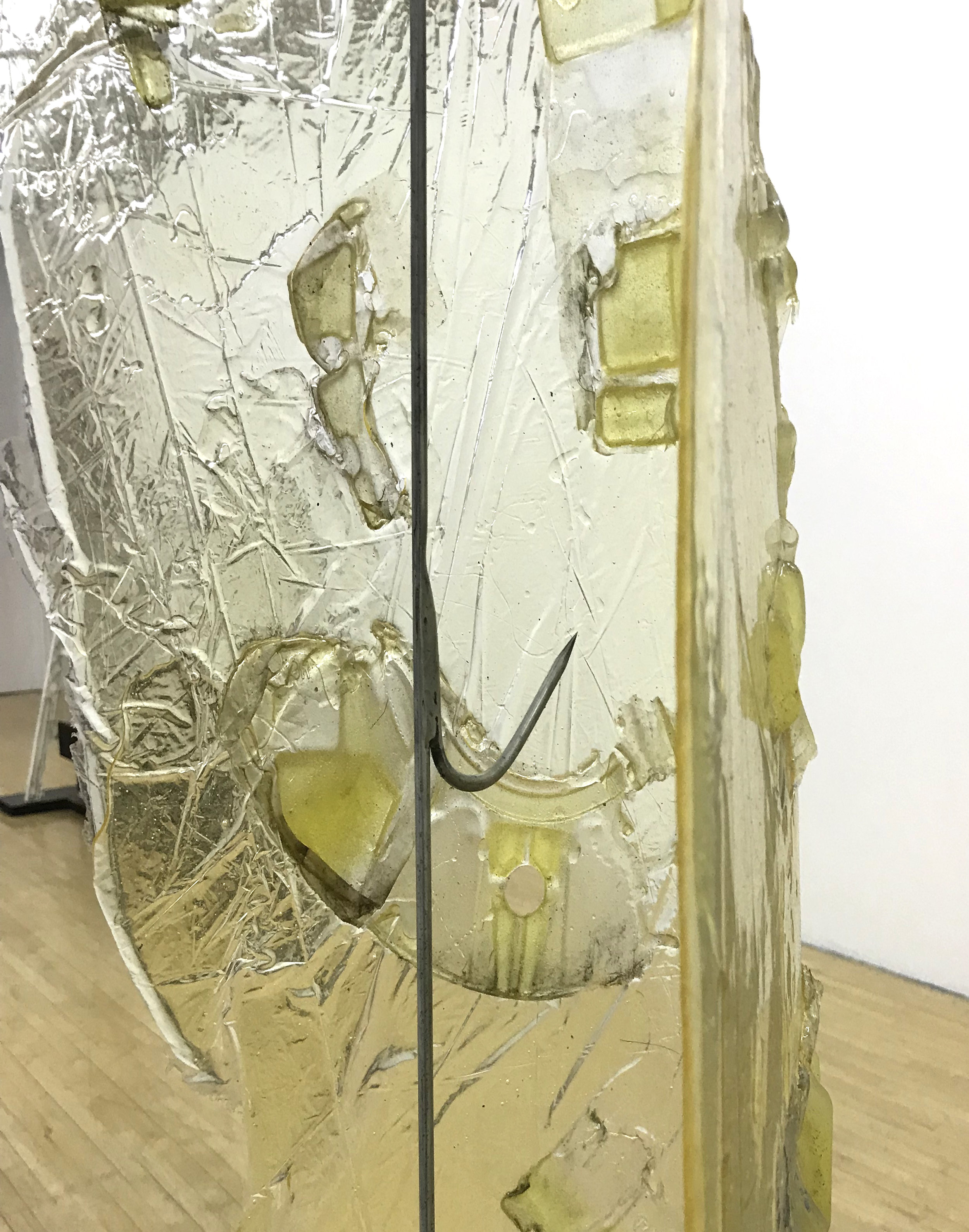  Vladislav Markov  Untitled , 2018 (detail) library shelves, Plexiglas, polyurethane engine cast, gas mask, fog machine,  plastic hose, self-adhesive carpet protector film 84 x 84 x 24 inches (213 x 213 x 61 cm) (VM3) 