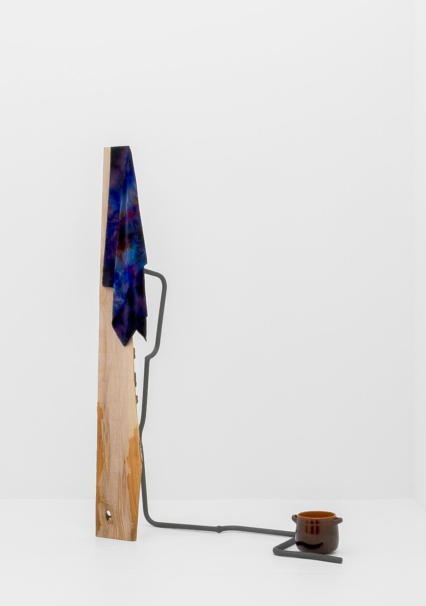  Connor McNicholas  You Think Isn't the Time as There , 2018 Wood, metal, dyed silk, ceramic, paint Dimensions variable 
