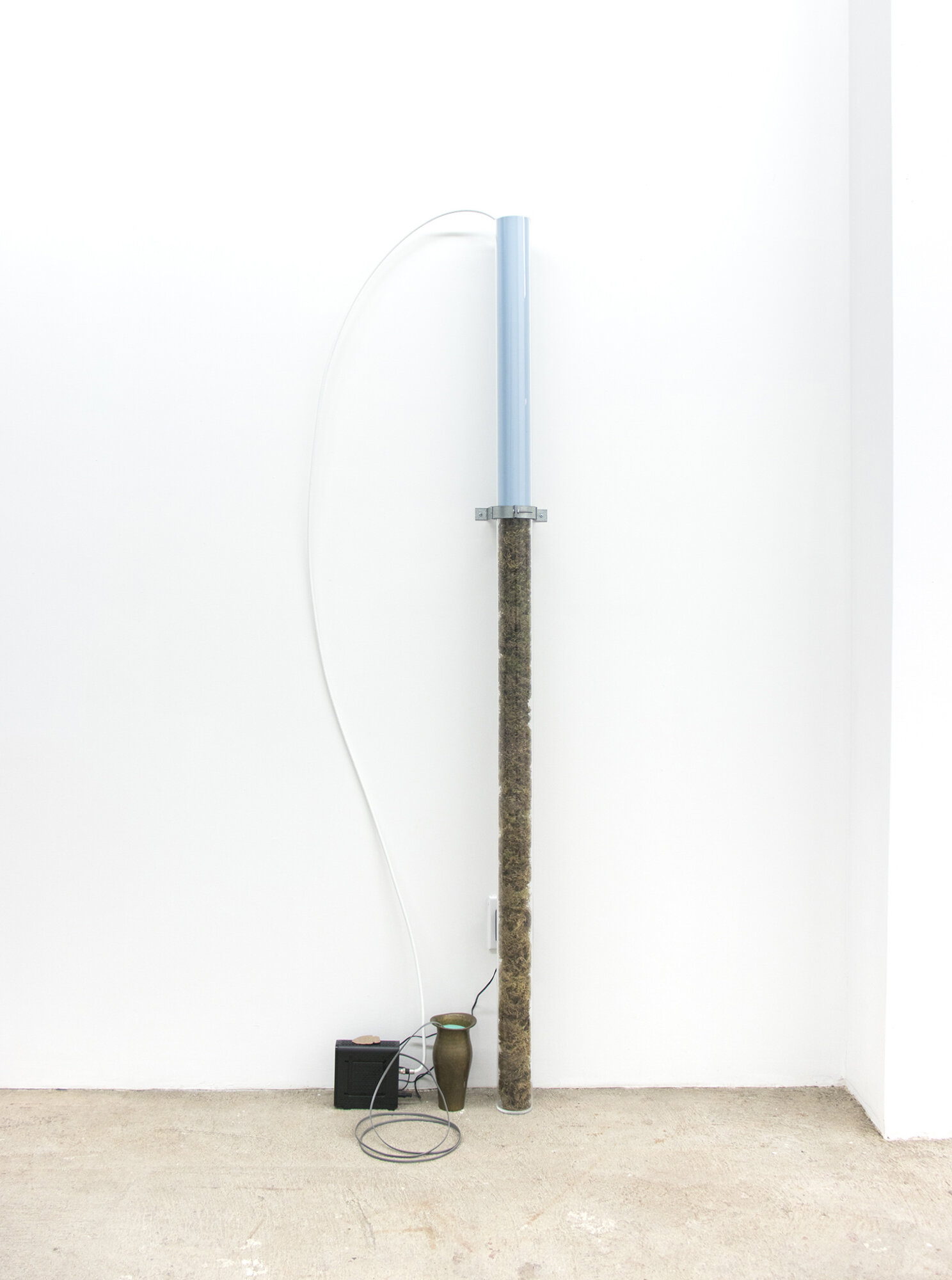  Connor McNicholas  Phase Transition , 2020 Plexiglass, unprocessed photographic paper, moss, bronze,&nbsp; modem, carved stone, silicone, cables, hardware 17 x 72 inches (43.18 x 182.88 cm) (CM12) 
