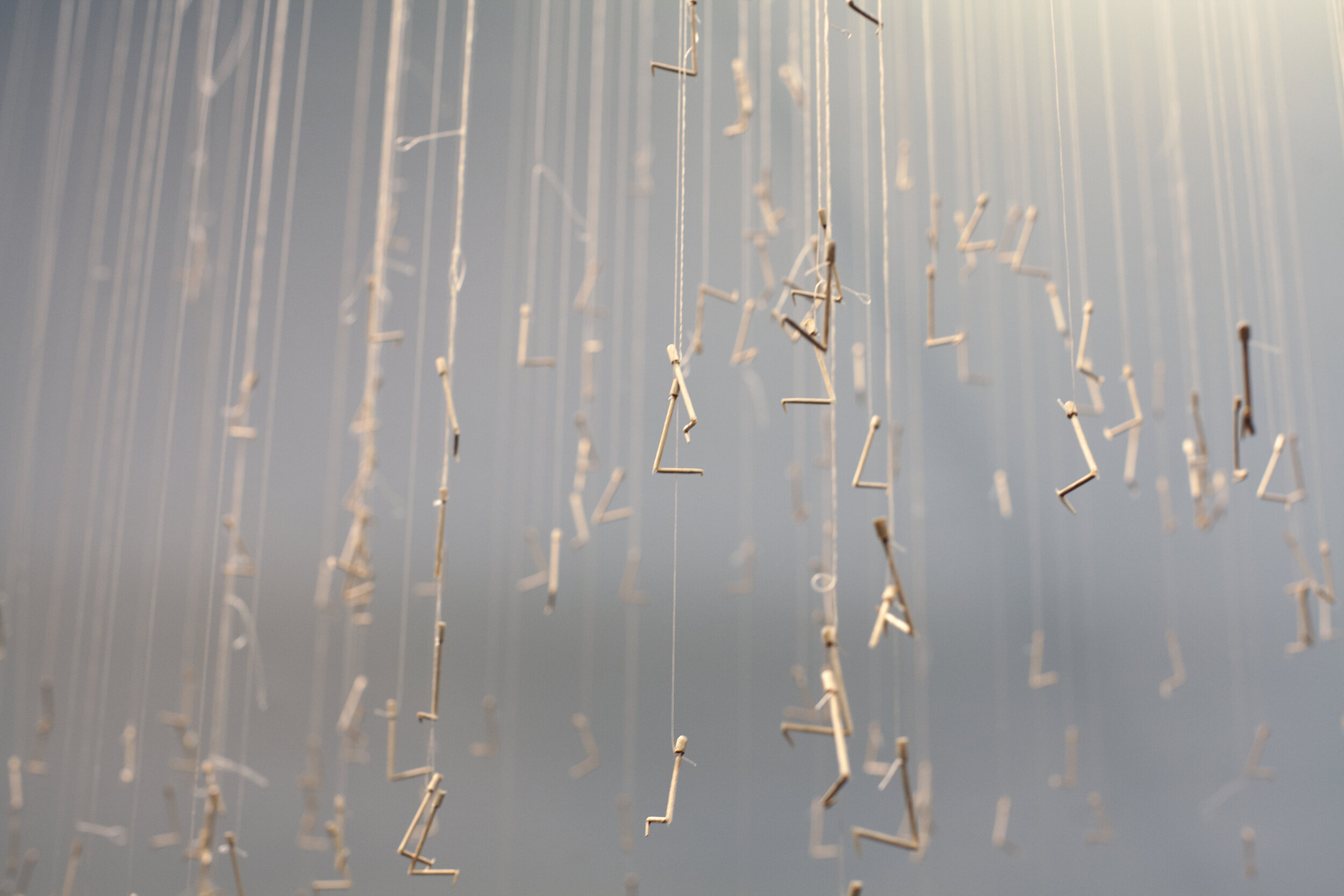  Anna Miller  HOURGLASS , 2019 (detail) Toothpicks, beer bottles, thread, wood, rope 180 x 108 inches (457 x 274 cm) 