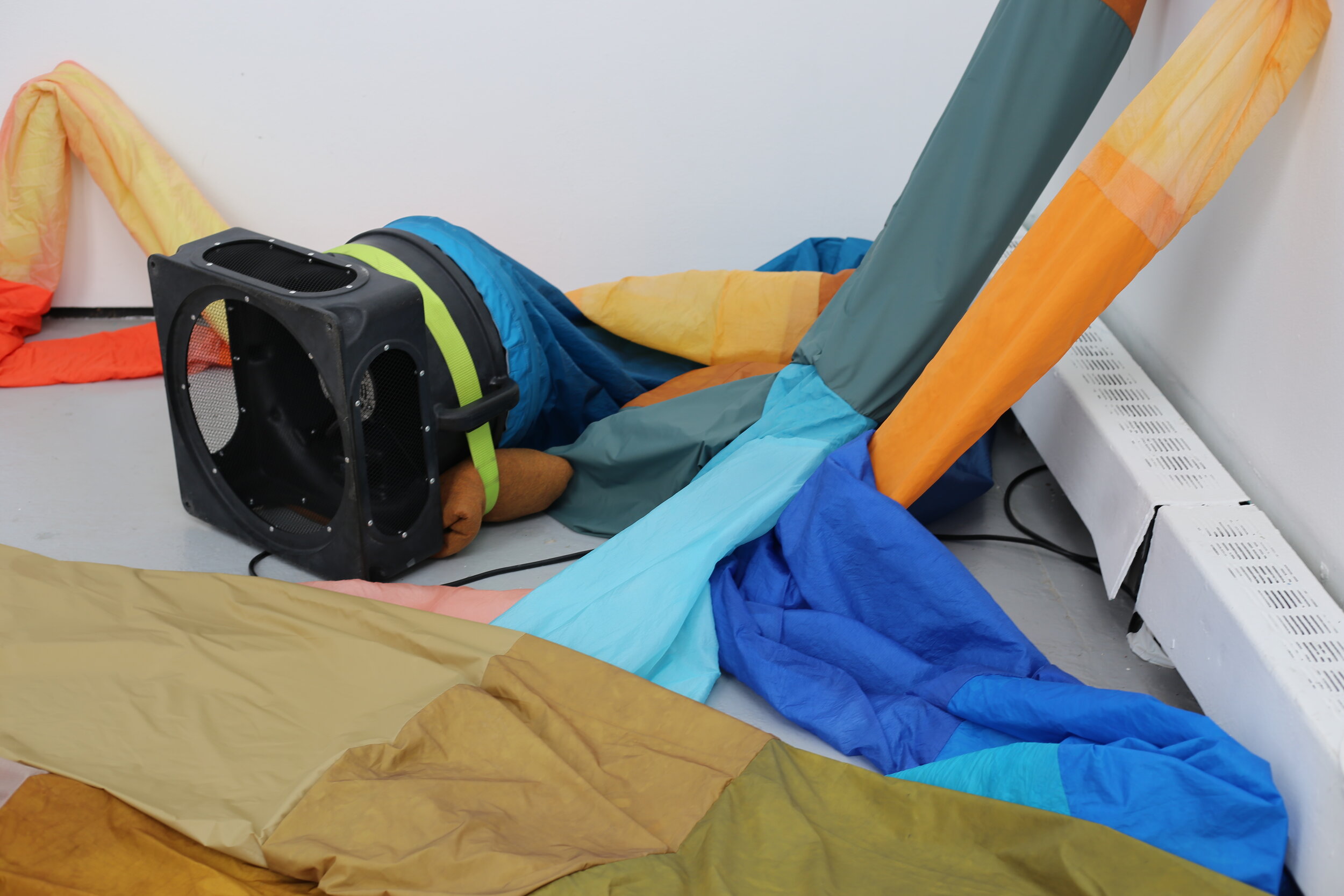  Peyton Peyton  Labber Rinse Repeat , 2020 (detail) thread, acid-dyed nylon, plastic tarp, zippers, elastic, velcro, staples,  clear vinyl, air blowers, interval timers, decoy duck butts, cushion dimensions variable to installation photo by Sol Avi E