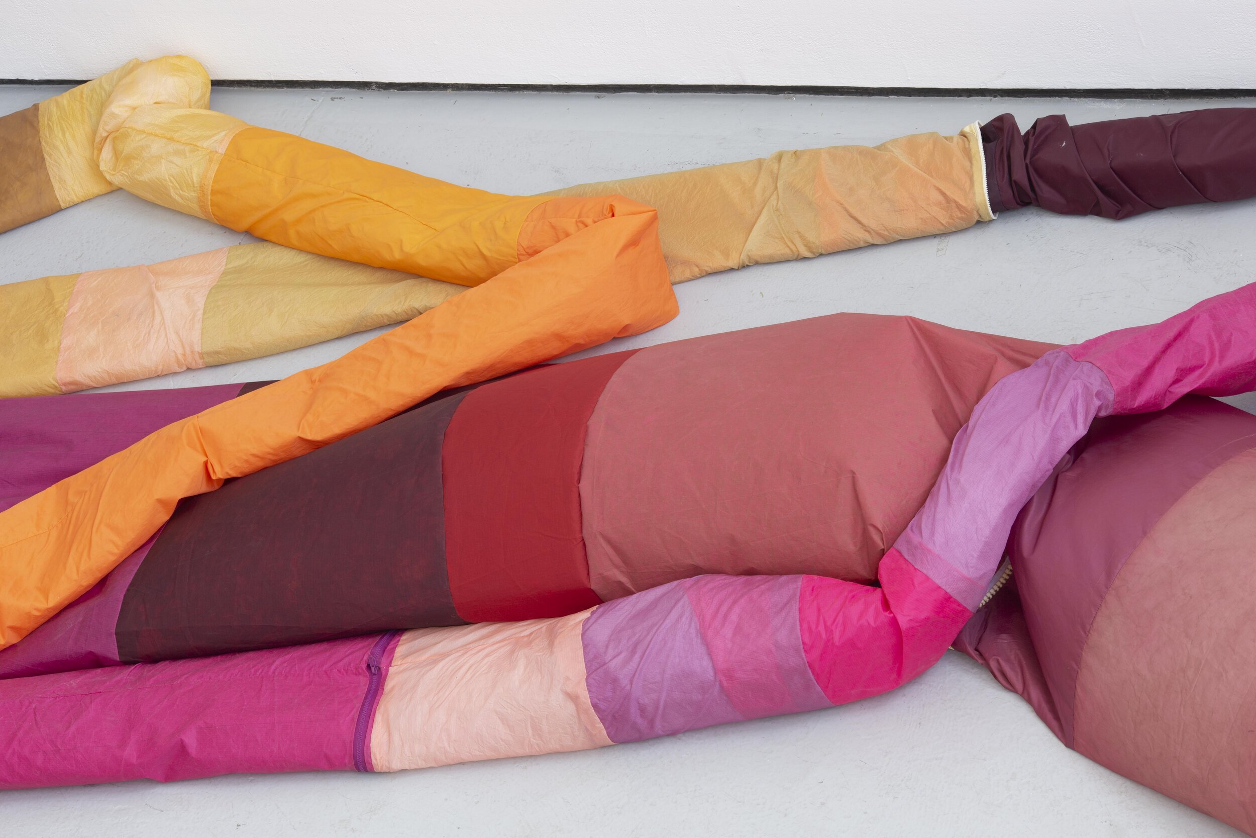  Peyton Peyton  Labber Rinse Repeat , 2020 (details) thread, acid-dyed nylon, plastic tarp, zippers, elastic, velcro, staples,  clear vinyl, air blowers, interval timers, decoy duck butts, cushion dimensions variable to installation photo by Sol Avi 