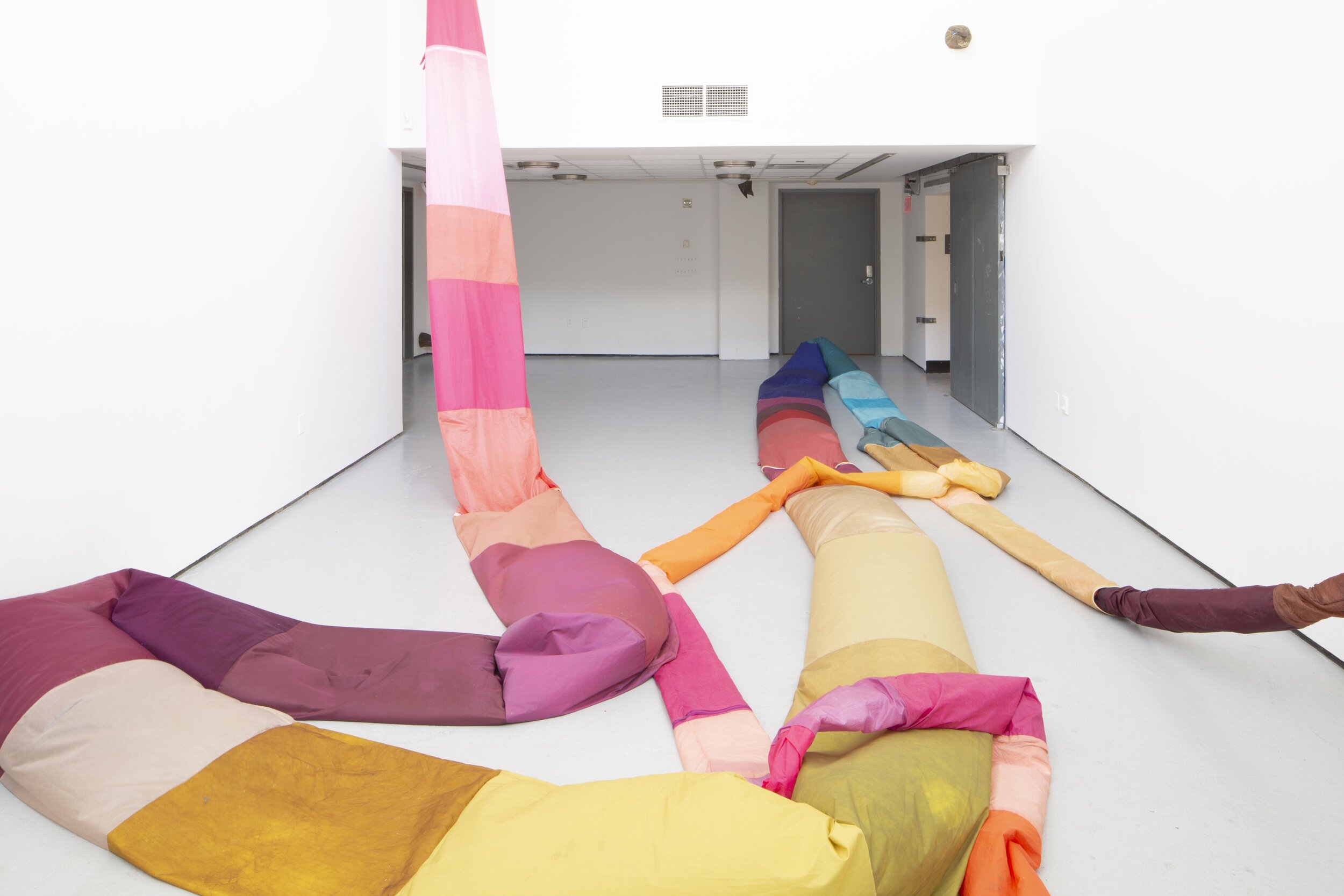  Peyton Peyton  Labber Rinse Repeat , 2020 (installation view) thread, acid-dyed nylon, plastic tarp, zippers, elastic, velcro, staples,  clear vinyl, air blowers, interval timers, decoy duck butts, cushion dimensions variable to installation photo b