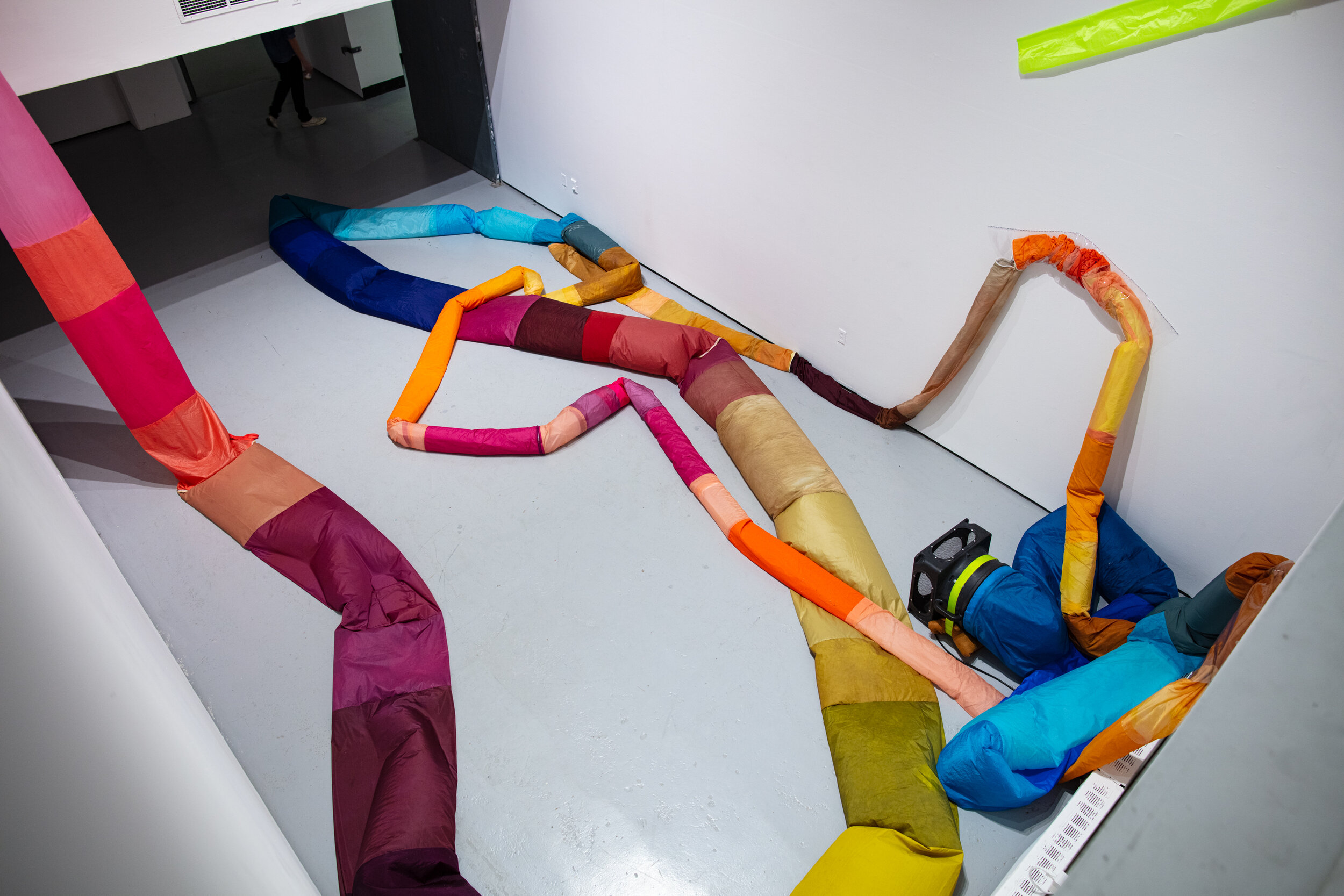  Peyton Peyton  Labber Rinse Repeat , 2020 thread, acid-dyed nylon, plastic tarp, zippers, elastic, velcro, staples,  clear vinyl, air blowers, interval timers, decoy duck butts, cushion dimensions variable to installation photo by Ronghui Chen 