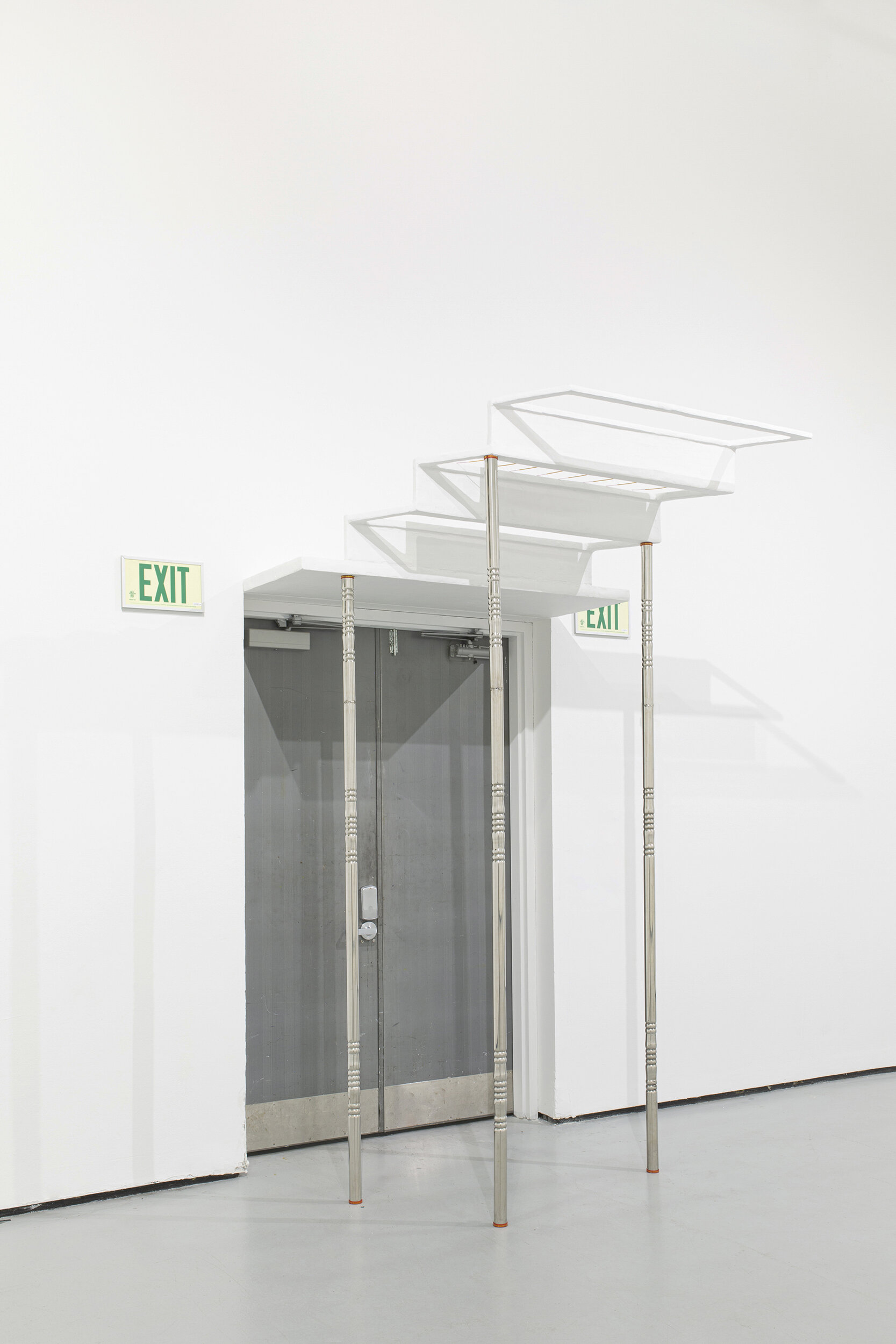  Anne Wu  Once Forgotten, Twice Remembered (Some Days the Line Is Taut) , 2020 Stainless steel, polystyrene, joint compound, plaster, paint, MyLand incense container caps, MyLand incense sticks, exit signs 120 x 60 x 48 inches (305 x 152 x 122 cm) ph