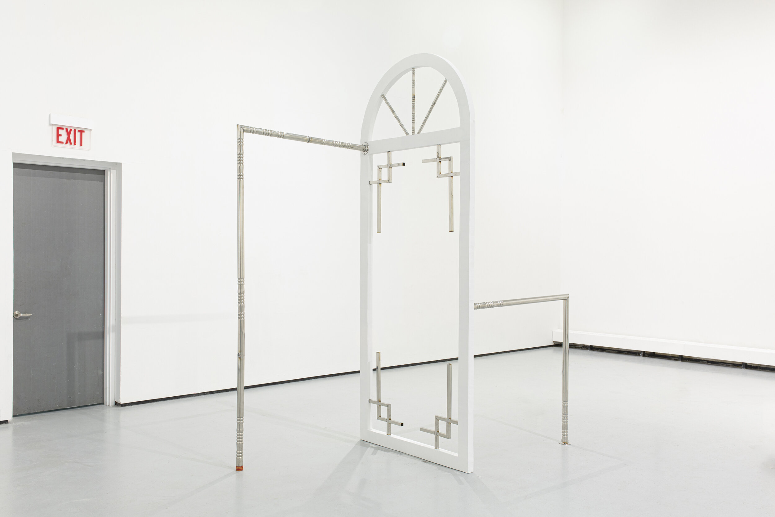  Anne Wu  Once Forgotten, Twice Remembered (One End to the Other, or Two Beginnings) , 2020 Stainless steel, polystyrene, joint compound, plaster, paint, MyLand incense container caps 120 x 36 x 96 (305 x 91 x 244 cm) photo by Sol Avi Erez 