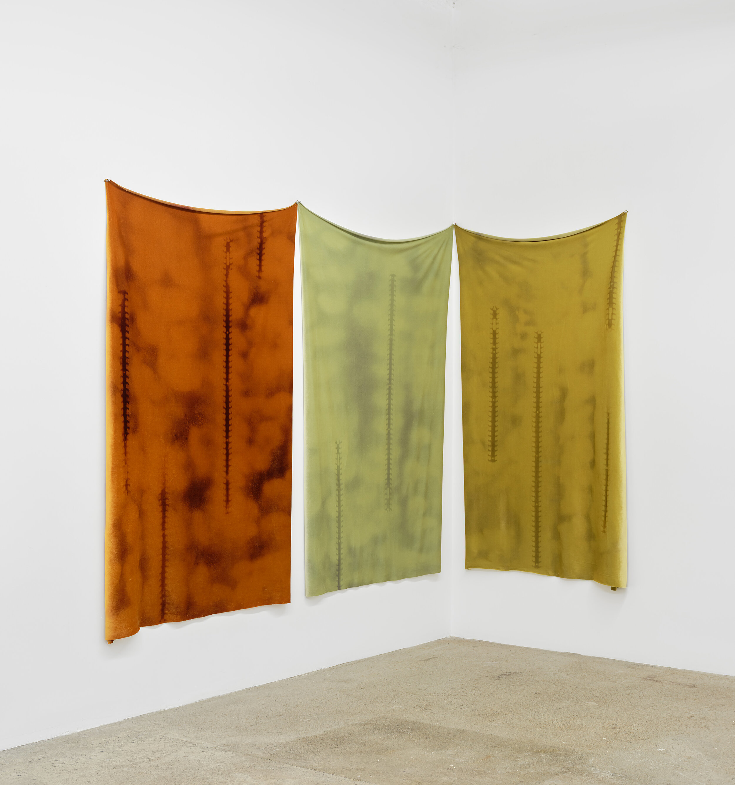  Vladislav Markov (left to right)  Burnout (with where my car is at) , 2020   Burnout (4,12) , 2020  Burnout (ETA ten minutes) , 2020 chemical fiber etching on velour  approximately 68 x 44 inches (173 x 112 cm) each panel 