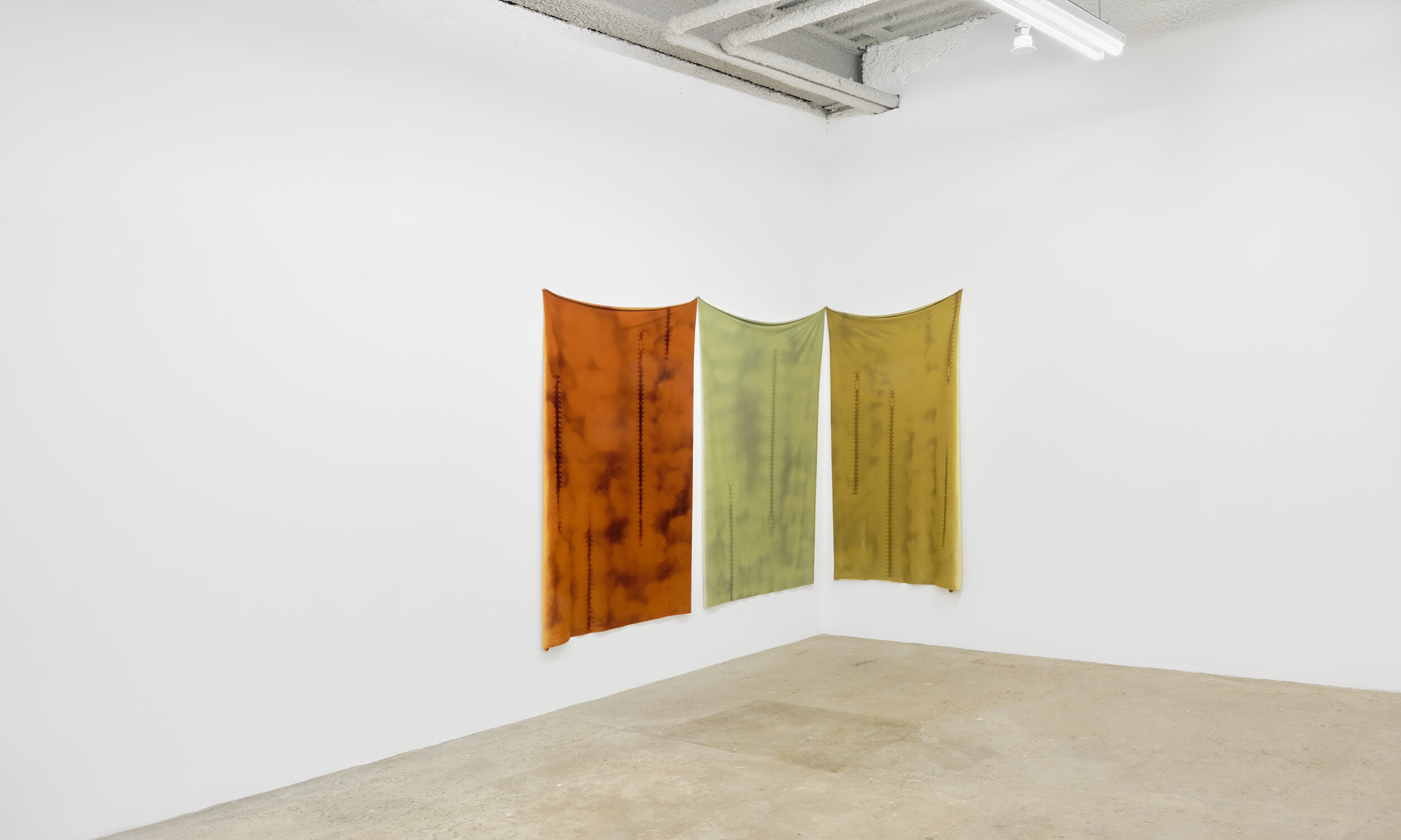  Vladislav Markov (left to right)  Burnout (with where my car is at) , 2020   Burnout (4,12) , 2020  Burnout (ETA ten minutes) , 2020 chemical fiber etching on velour  approximately 68 x 44 inches (173 x 112 cm) each panel 