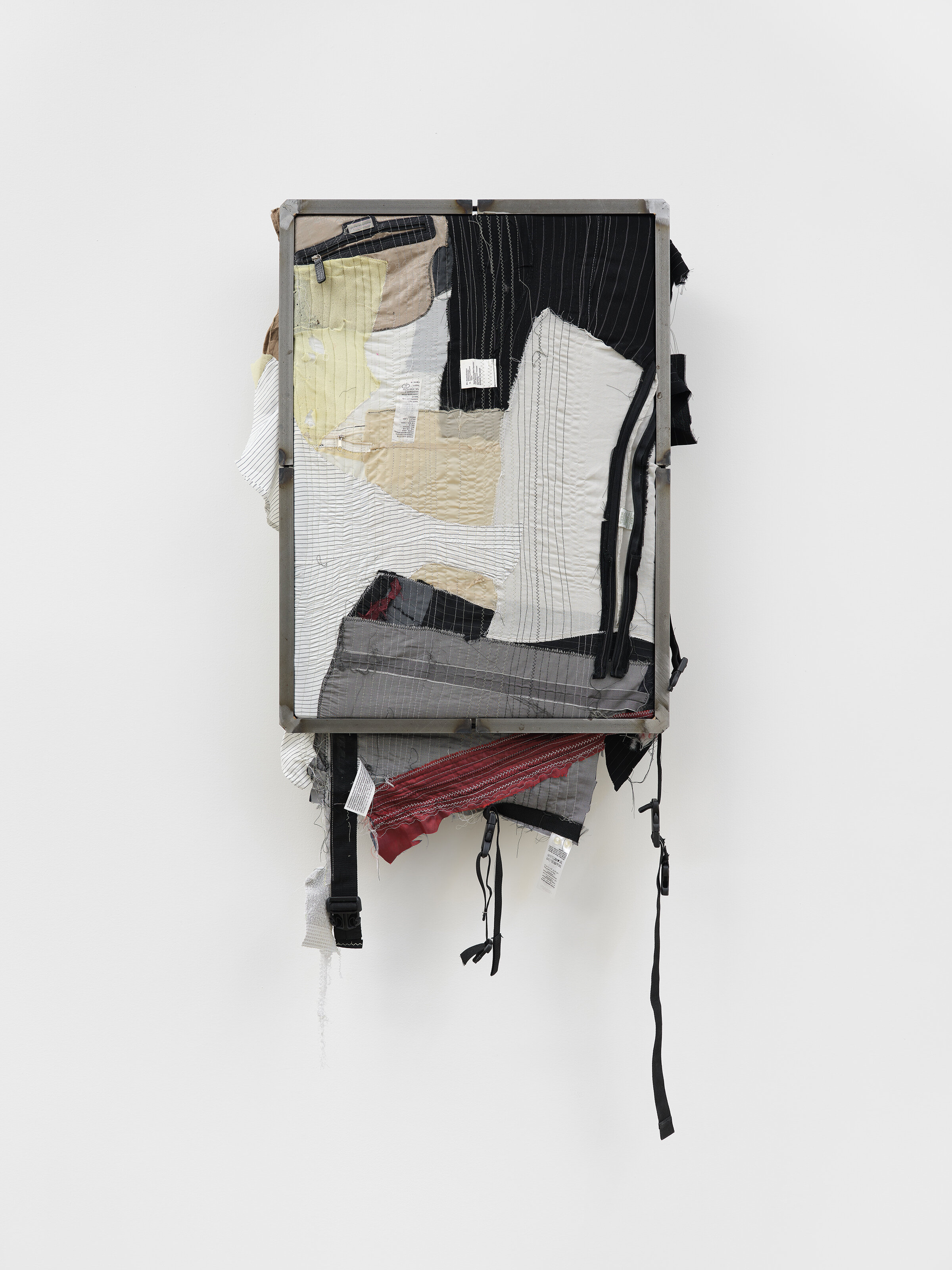 Tenant of Culture  Grip and Stitch , 2020 Steel, recycled hand bag linings, miscellaneous recycled garment pieces, thread, padding  29 x 21.5 x 5 in (74 x 54 x 12 cm) 