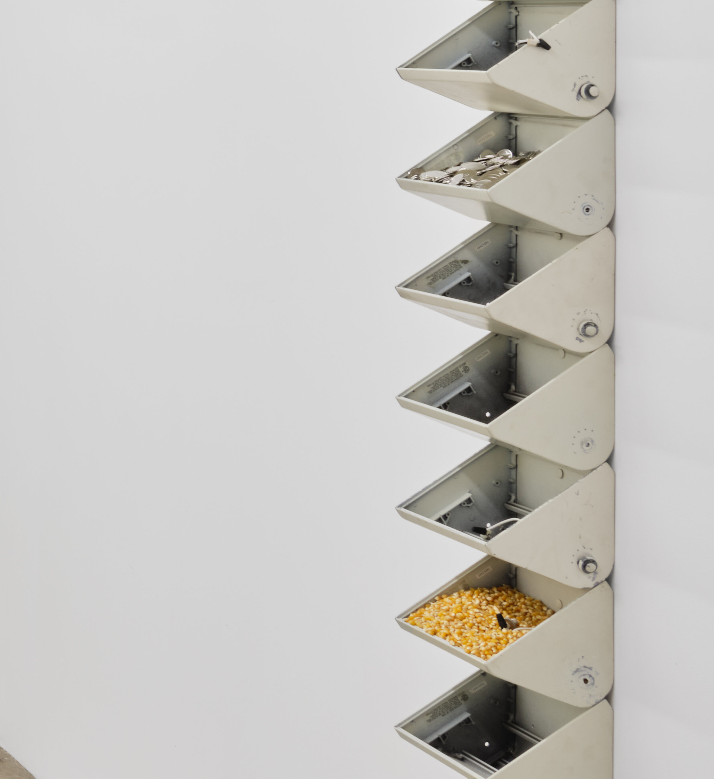  Clare Koury  Feast of the Ascension , 2020 (detail) Track light heads, corn kernels, double cherry tokens, Cosmic Brownies  117 x 12 x 6 inches (297 x 21 x 15 cm)   
