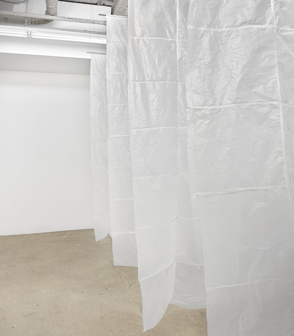  Sean Donovan  Wraith,&nbsp; 2021  48 used plastic bodega bags, marker,  steel, stainless steel cable, hardware  90 x 72 inches (229 x 183 cm) each panel SD62 – SD66 