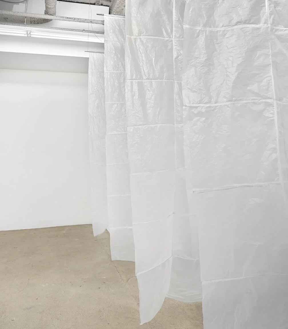  Sean Donovan Wraith,&nbsp; 2021 48 used plastic bodega bags, marker, steel, stainless steel cable, hardware 90 x 72 inches (229 x 183 cm) each panel SD62 – SD66 