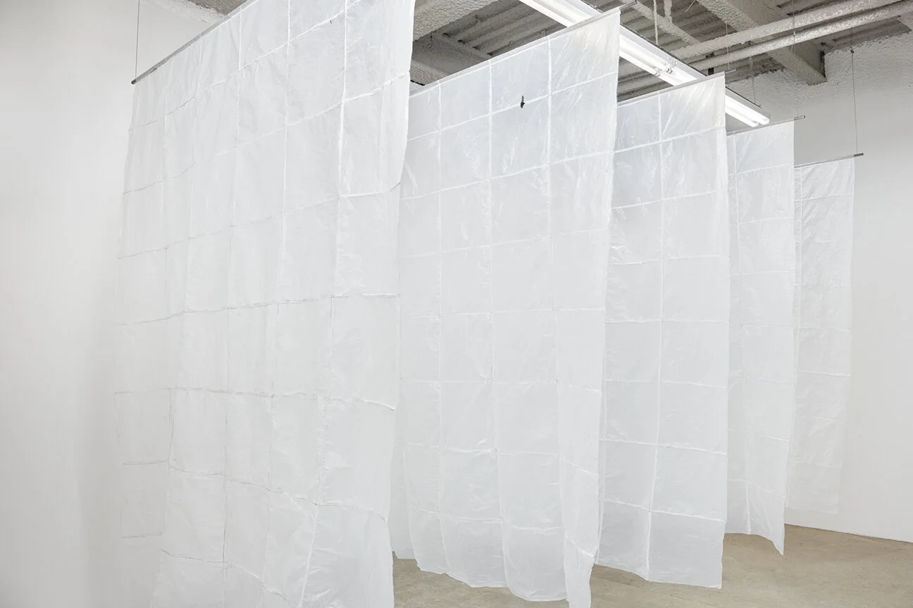  Sean Donovan Wraith,&nbsp; 2021 48 used plastic bodega bags, marker, steel, stainless steel cable, hardware 90 x 72 inches (229 x 183 cm) each panel SD62 – SD66 