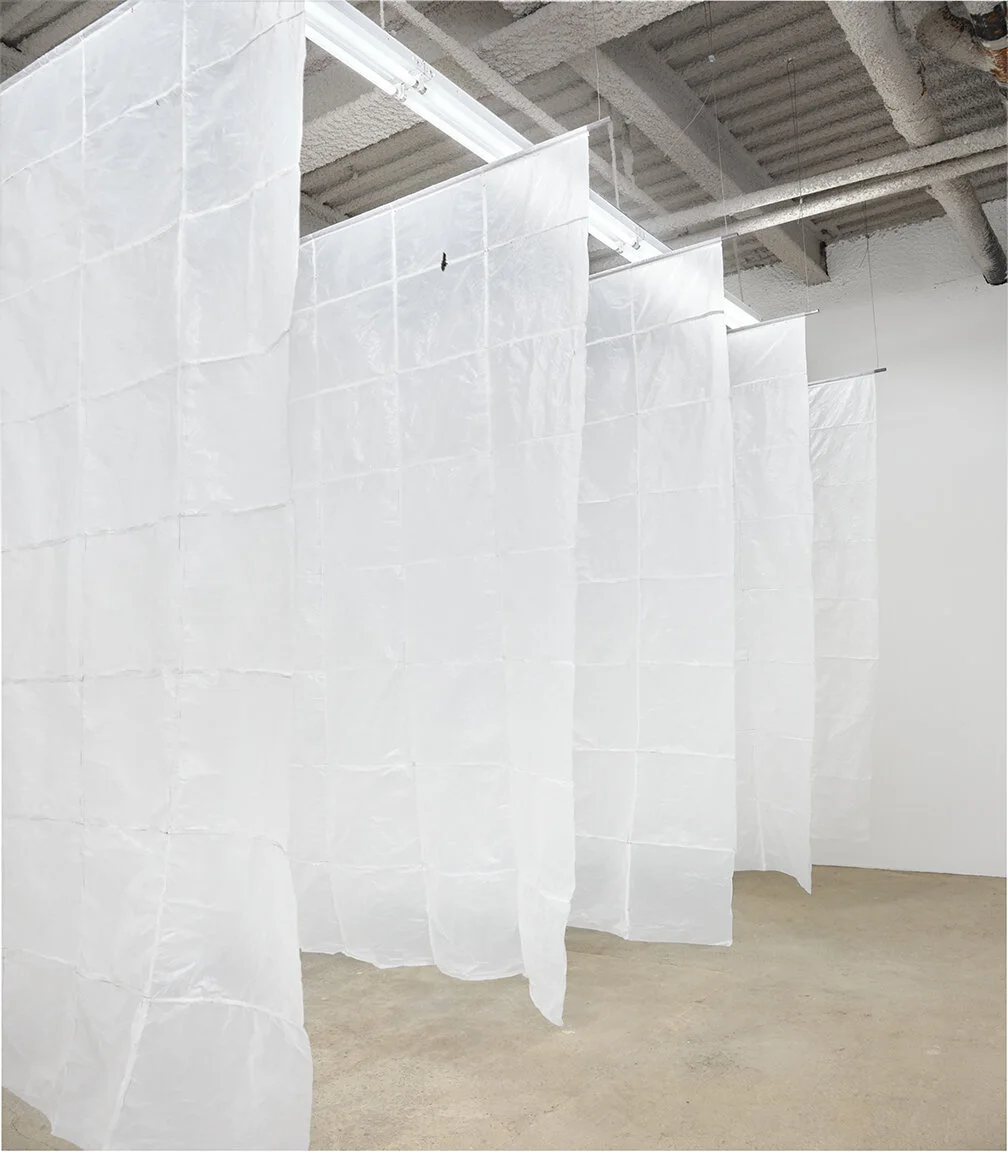  Sean Donovan Wraith,&nbsp; 2021 48 used plastic bodega bags, marker, steel, stainless steel cable, hardware 90 x 72 inches (229 x 183 cm) each panel SD62 – SD66 