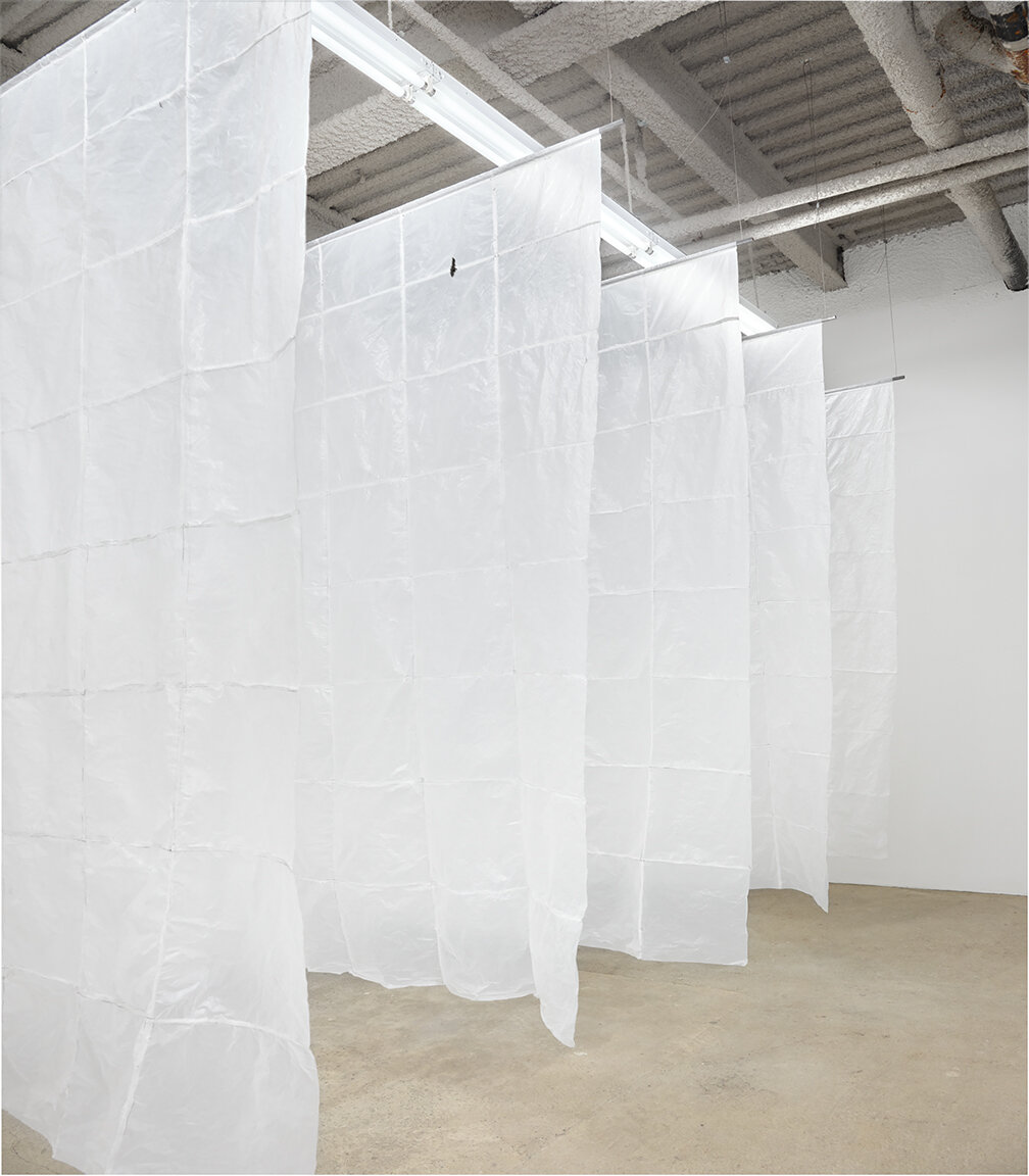  Sean Donovan Wraith,&nbsp; 2021 48 used plastic bodega bags, marker, steel, stainless steel cable, hardware 90 x 72 inches (229 x 183 cm) each panel SD62 – SD66 