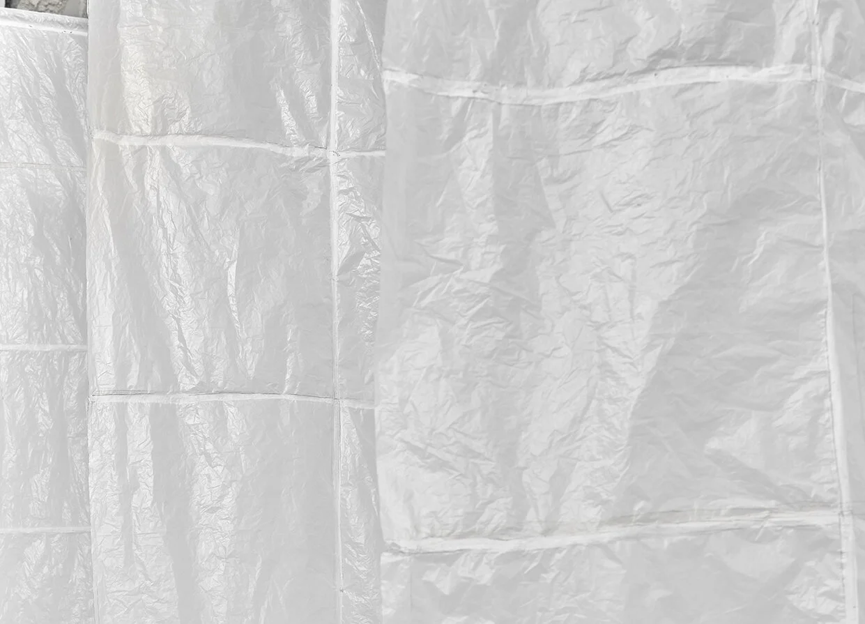  Sean Donovan Wraith,&nbsp; 2021 (detail) 48 used plastic bodega bags, marker, steel, stainless steel cable, hardware 90 x 72 inches (229 x 183 cm) each panel SD62 – SD66 