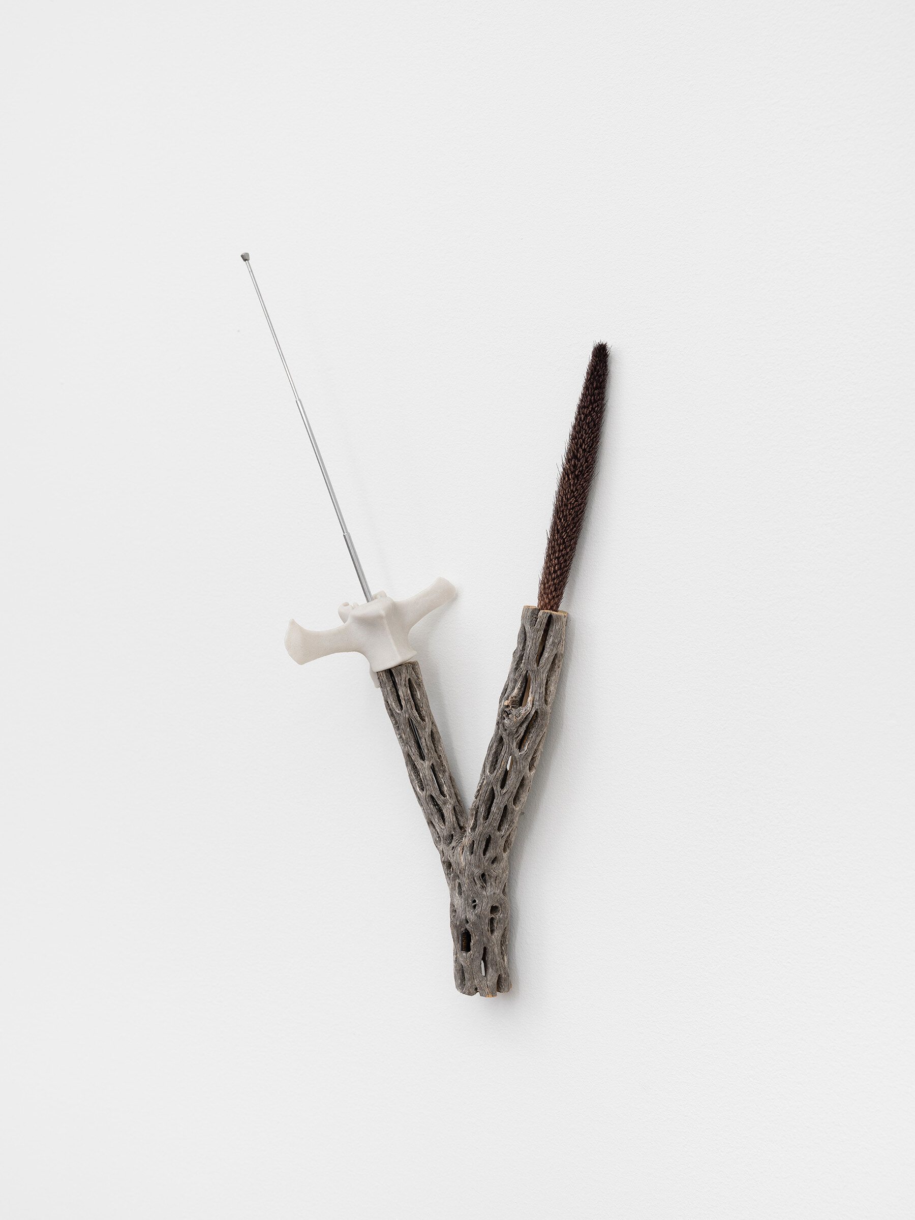  Connor McNicholas  The Many Pieces as Ever , 2020 Polyamide, SD card, wood, pearl millet, antenna, hardware  16 x 8 inches (41 x 20 cm) 