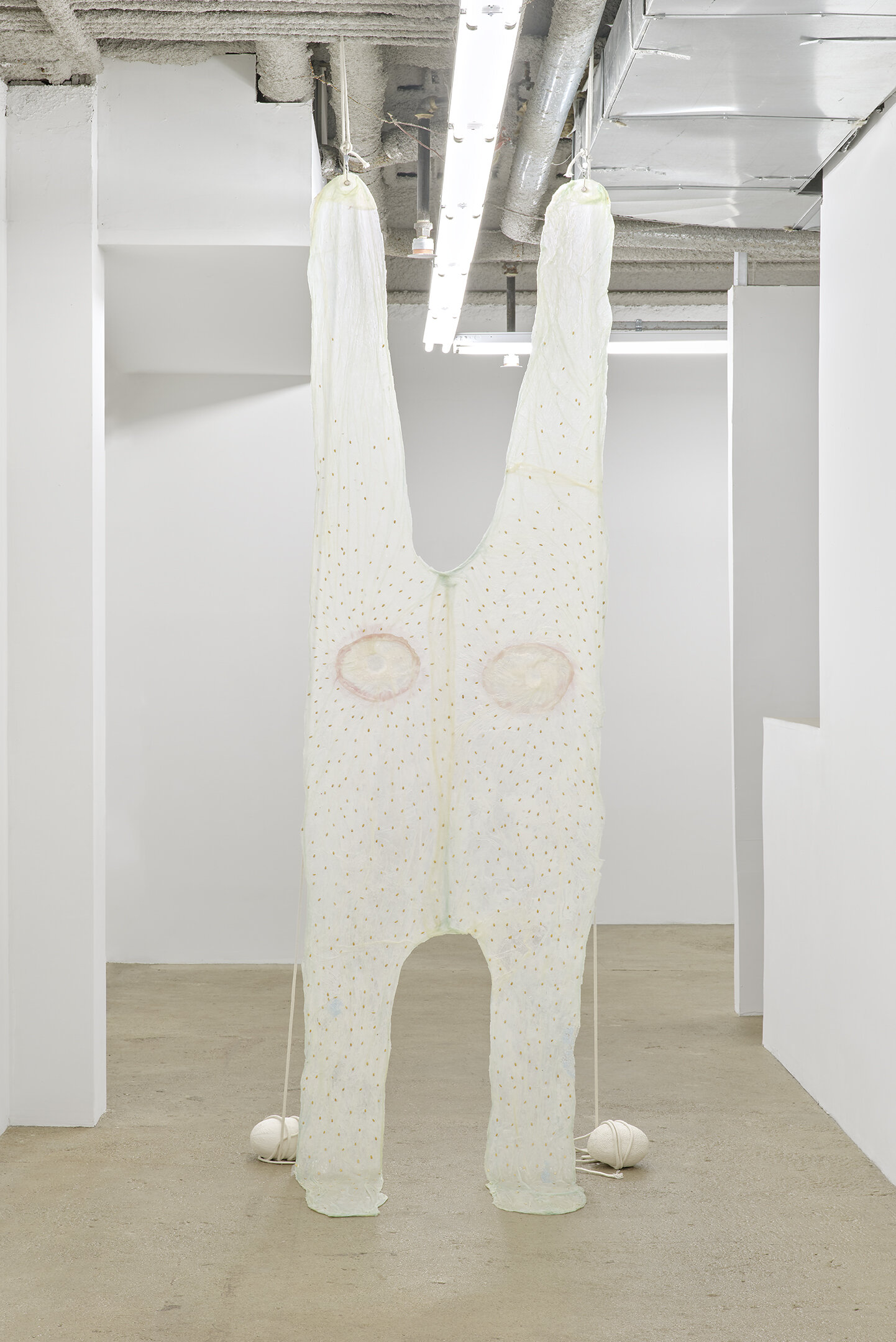  Karinne Smith  Longburger , 2021 Collagen dyed with soda, melon seeds, baby powder,  agar agar, glycerin, sprinkles, silicone,  clamps, cotton rope, cast plaster melons  116 x 39 x 36 inches (295 x 99 x 91 cm) (KS2) 