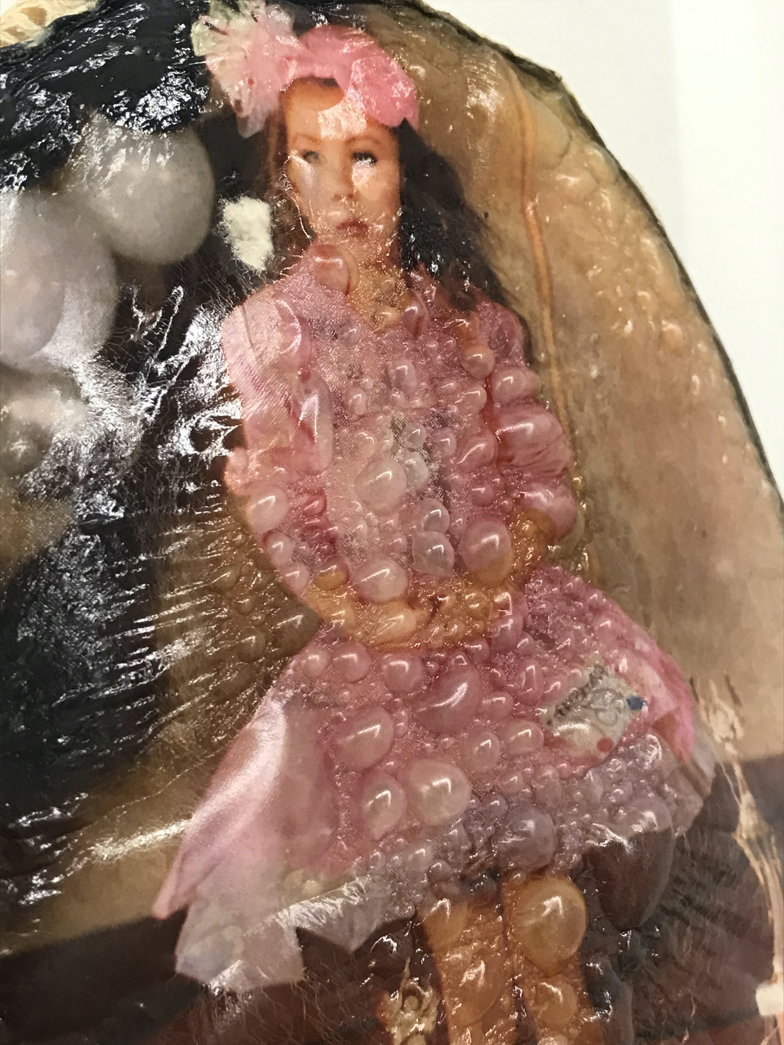  Karinne Smith  Keeper 5 , 2021 (18 September 2021) found photograph, melon, collagen, sewing pins,  glass beads, plaster, plexiglass 29 x 20 x 8 inches (74 x 51 x 20 cm) each (KS8) 