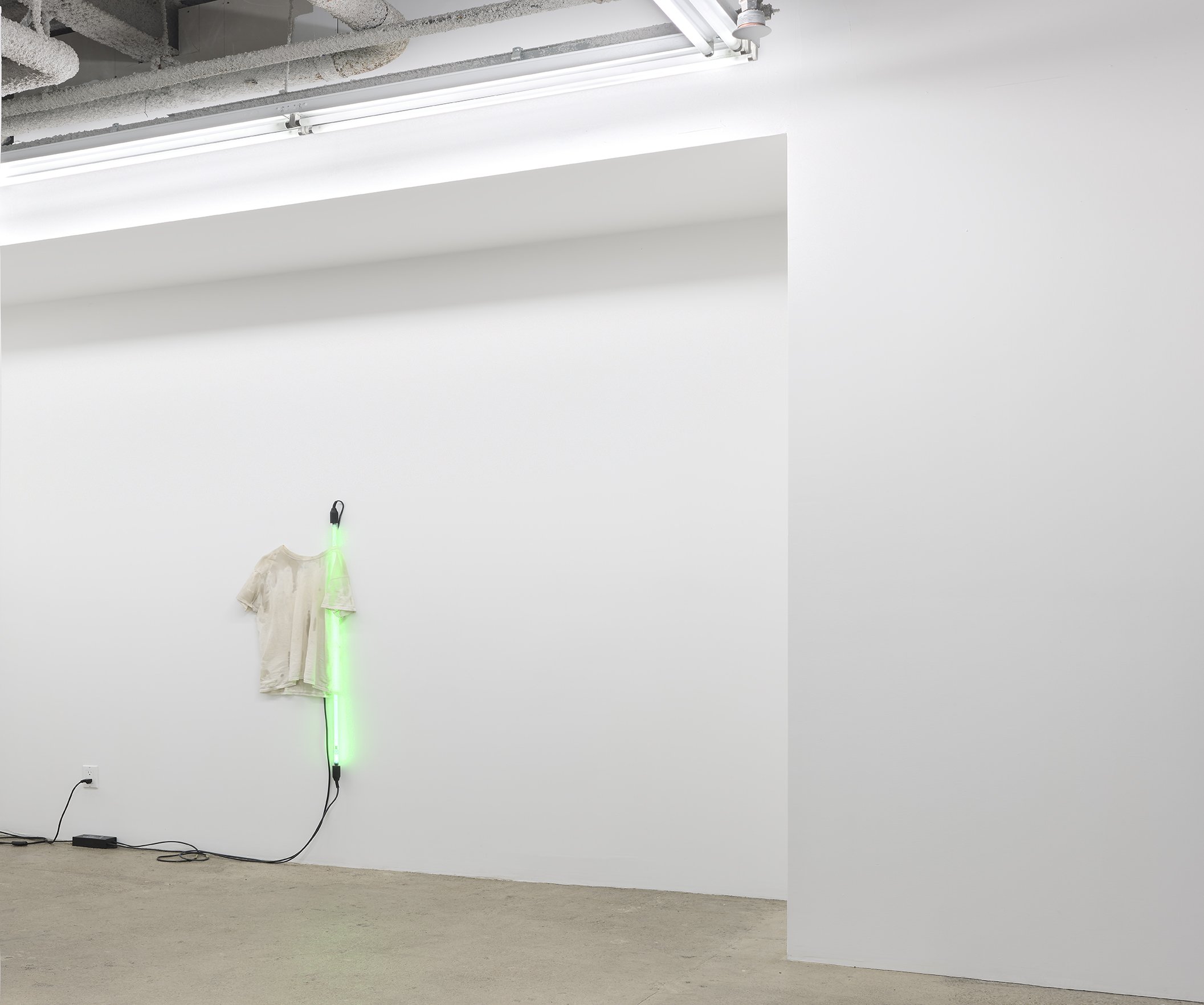  Dominic Palarchio  Untitled , 2021 cotton t-shirt, urethane resin, automotive under body neon,  transformer, hardware 54 x 19 x 4 in (137 x 48 x 10 cm) (DP3)  