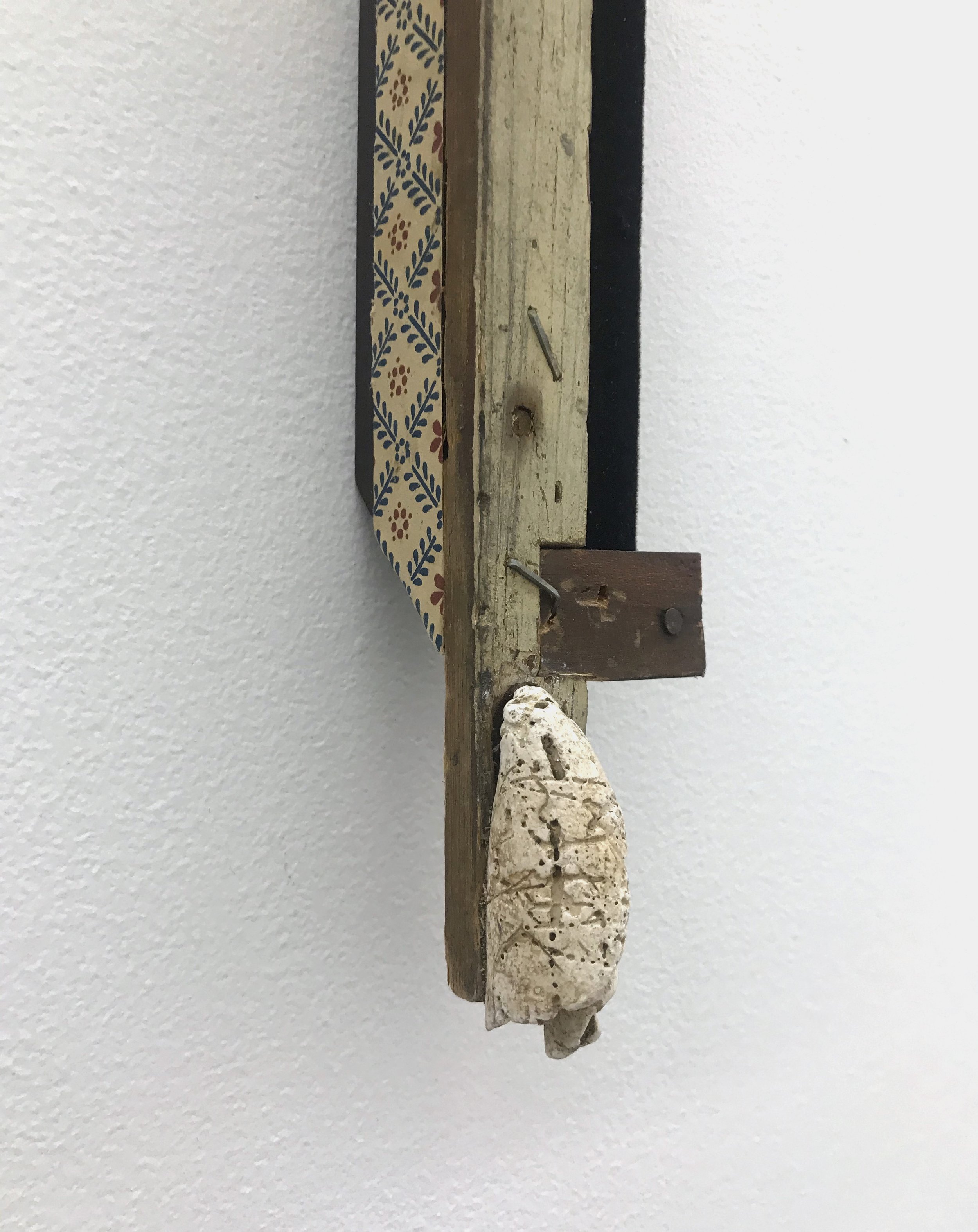  Jonathan Mildenberg  - Lat- (1),&nbsp; 2022 (detail) wood, paper, shell, flocking 58 x 2 x 1.25 inches (147 x 5 x 3 cm)  (JM18) 