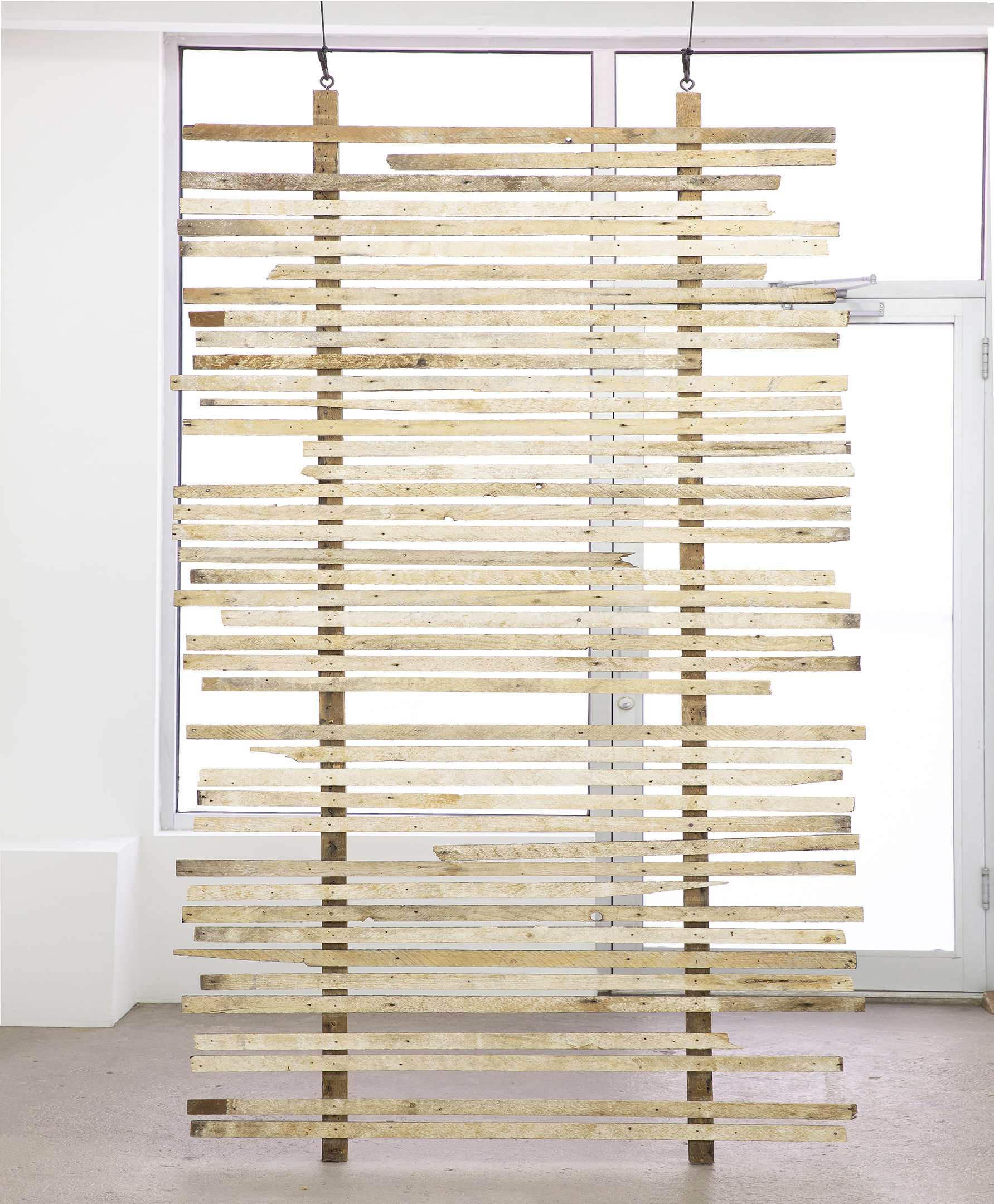  Jonathan Mildenberg  Rot-Body Hymn , 2022 wood lath, studs, paint, furniture tacks  94 x 48 x 1.5 inches (239 x 122 x 4 cm)  JM13 
