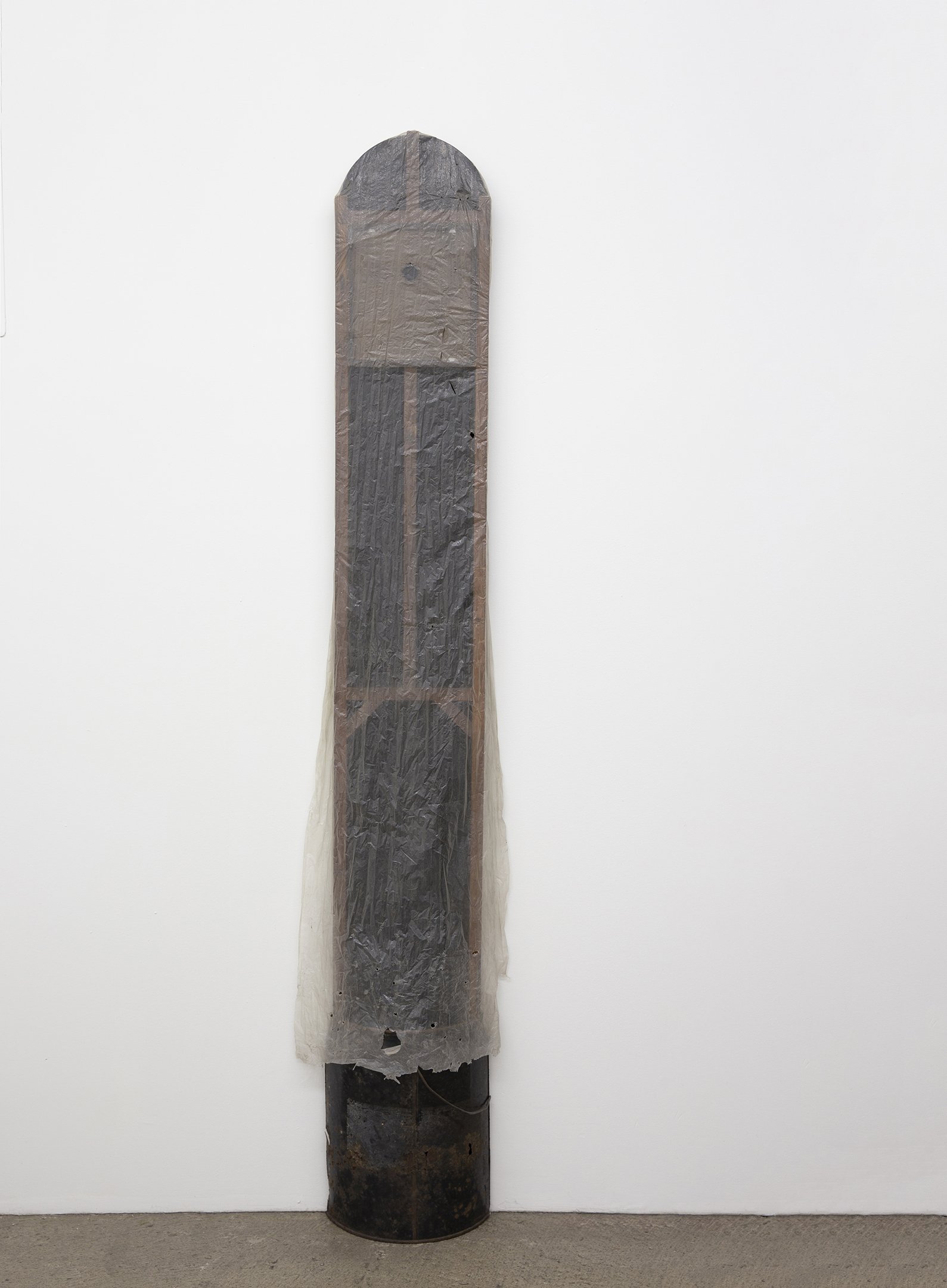 Jonathan Mildenberg The Dog, 2022 plastic, wood, frame, cord, hardware, upholstery tacks, flocking, metal bucket 71 x 14 x 5 inches (180 x 36 x 13 cm) (JM12)