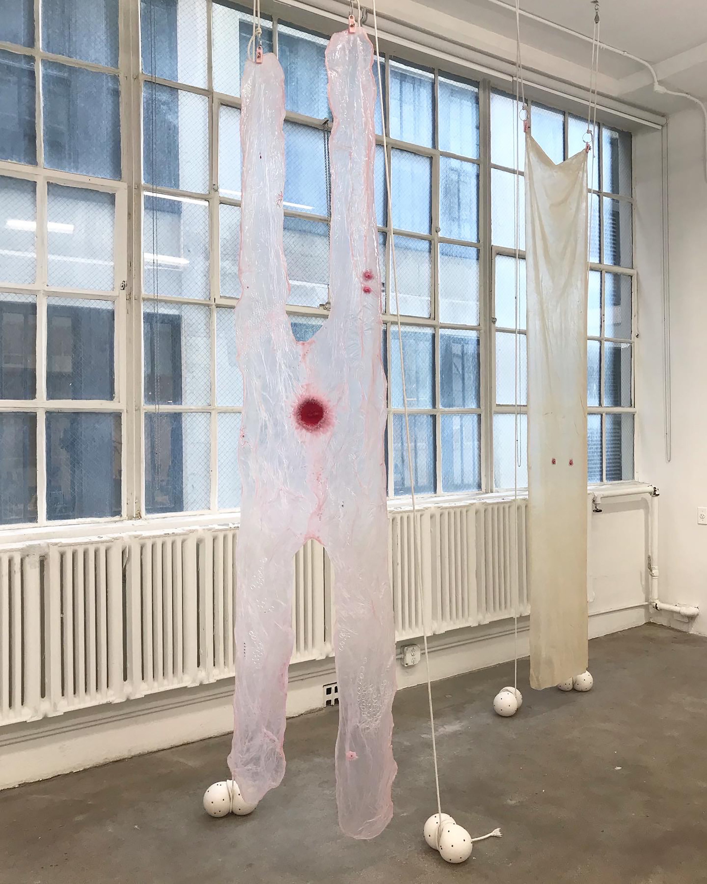  Karinne Smith  strawberry legs l-l , 2022&nbsp; collagen, silicone, plaster, resin, cantaloupe seeds,&nbsp;mosquitos, rope, flesh clamps 114 x 26 inches (290 x 66 cm)  Karinne Smith  strawberry legs l , 2022 collagen, silicone, plaster, glass beads,