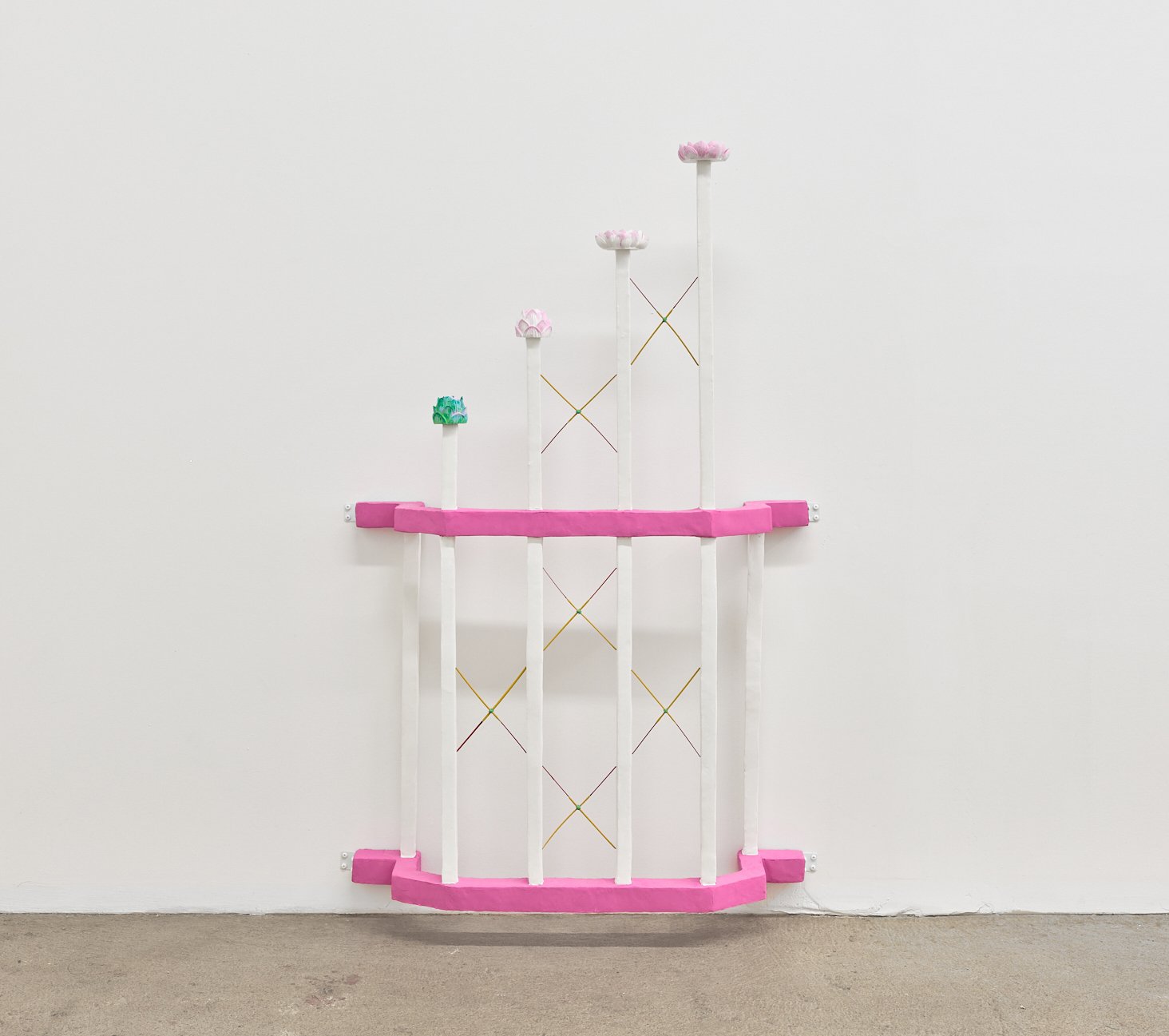  Anne Wu  Echo , 2021 pigmented joint compound, epoxy putty, rigid foam,  incense sticks, garden wire, plaster casts, brackets  50 x 33 x 6 inches (127 x 84 x 15 cm) AW2 