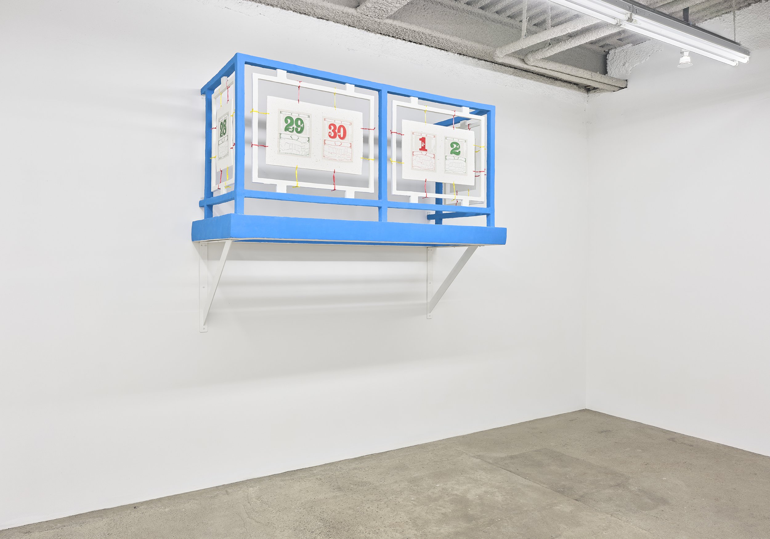  Anne Wu  While Away , 2021 pigmented joint compound, epoxy putty, rigid foam,  hand-cut lunar year calendar pages, paper pulp, plastic packing rope, brackets 64 x 76 x 30 inches (163 x 193 x 76 cm) AW1 