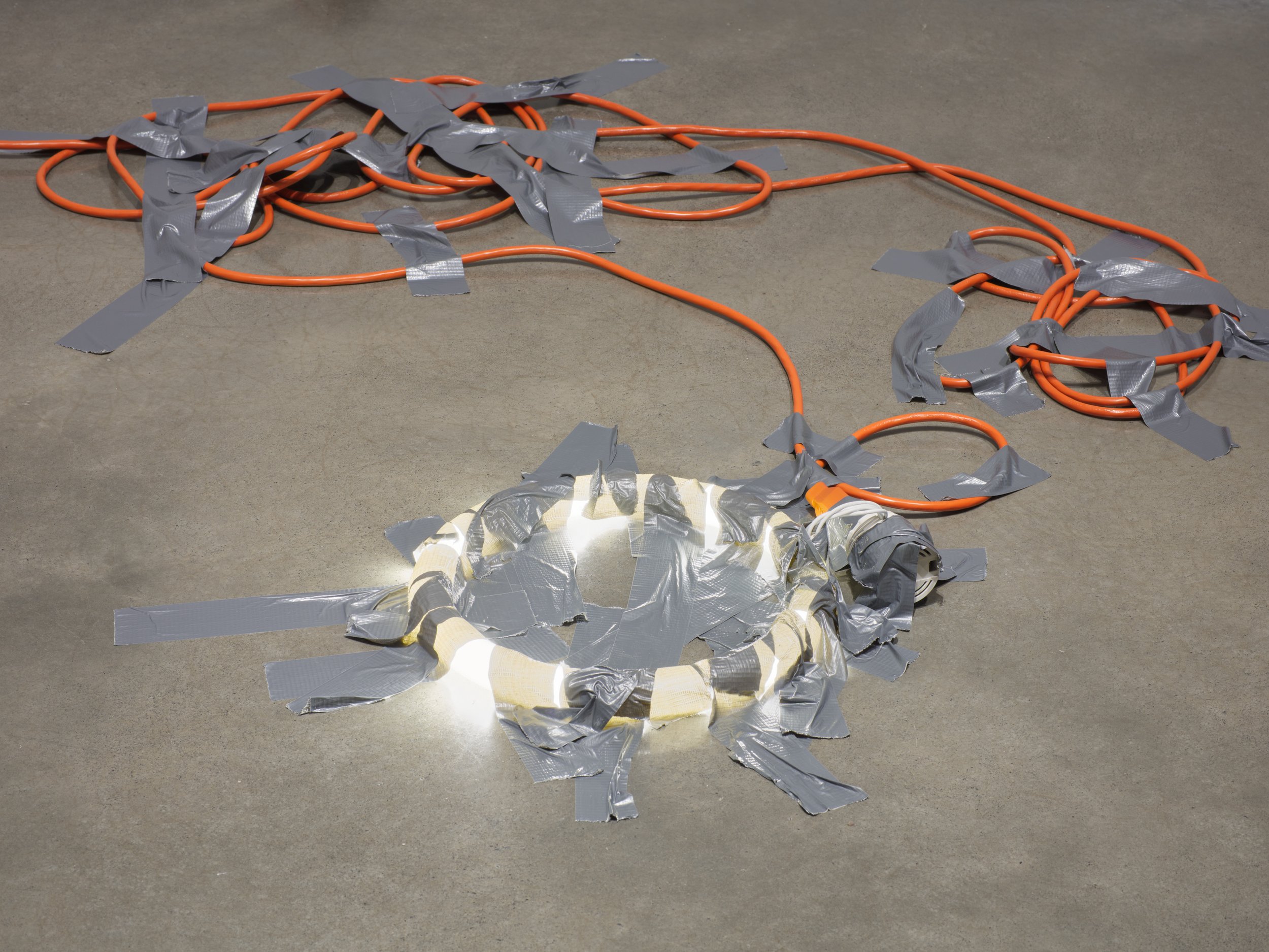 Bat-Ami Rivlin  Untitled (LED, cord, duct tape) , 2022 LED circular lightbulb, extension cord,  duct tape, ballast, converter dimensions variable to installation Installation view from the exhibition  whereabouts  with Cudelice Brazelton IV and K.R.