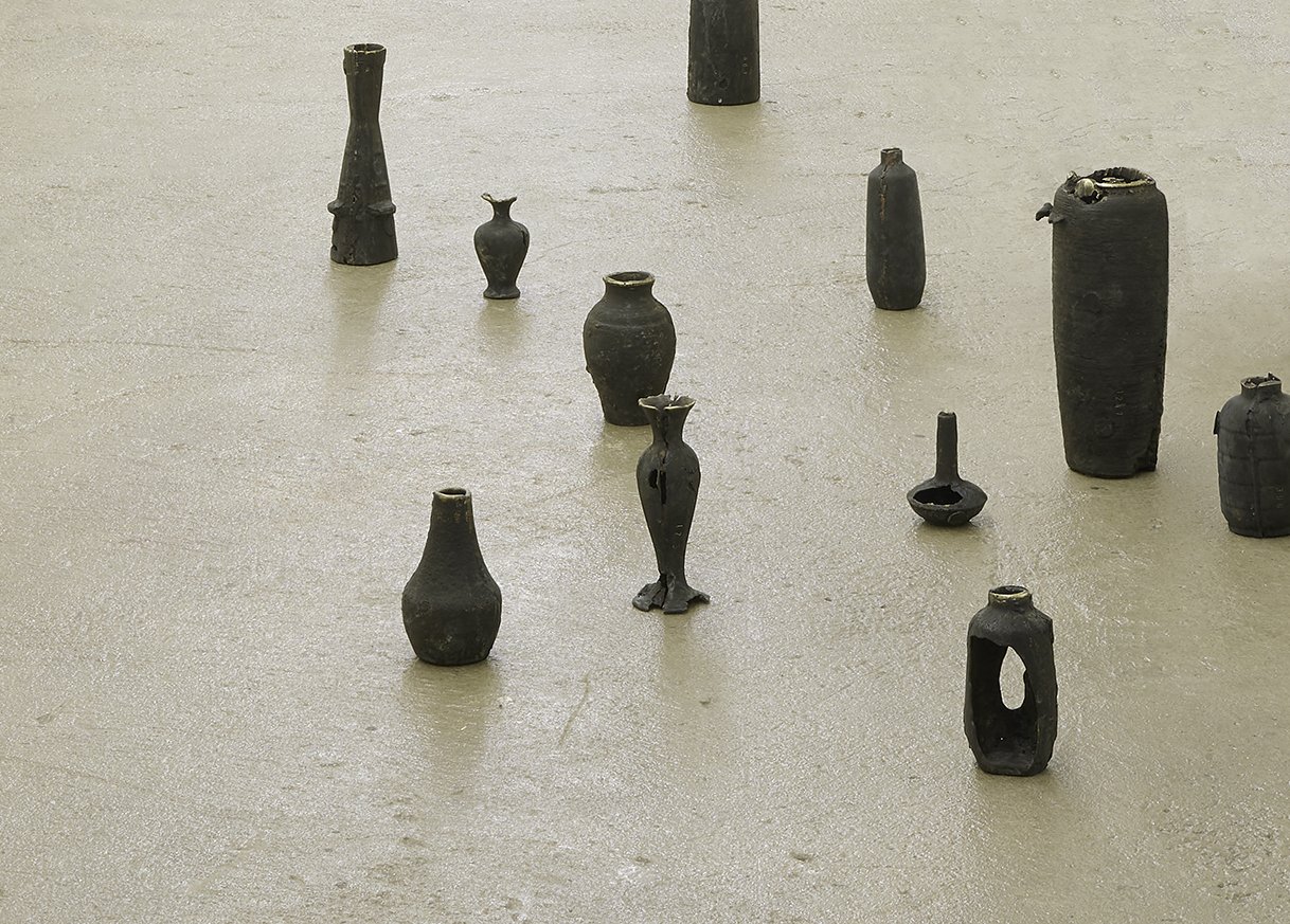  Sean Donovan titles vary, 2022 11 of 17 urns sand-cast from 74 up to 1,247 AR-15 rifle ammunition casings, patina each stamped and titled with the number of brass casings used in its casting 4.5 x 3.5 inches (12 x 9 cm) up to 12.25 x 5 inches (31 x 