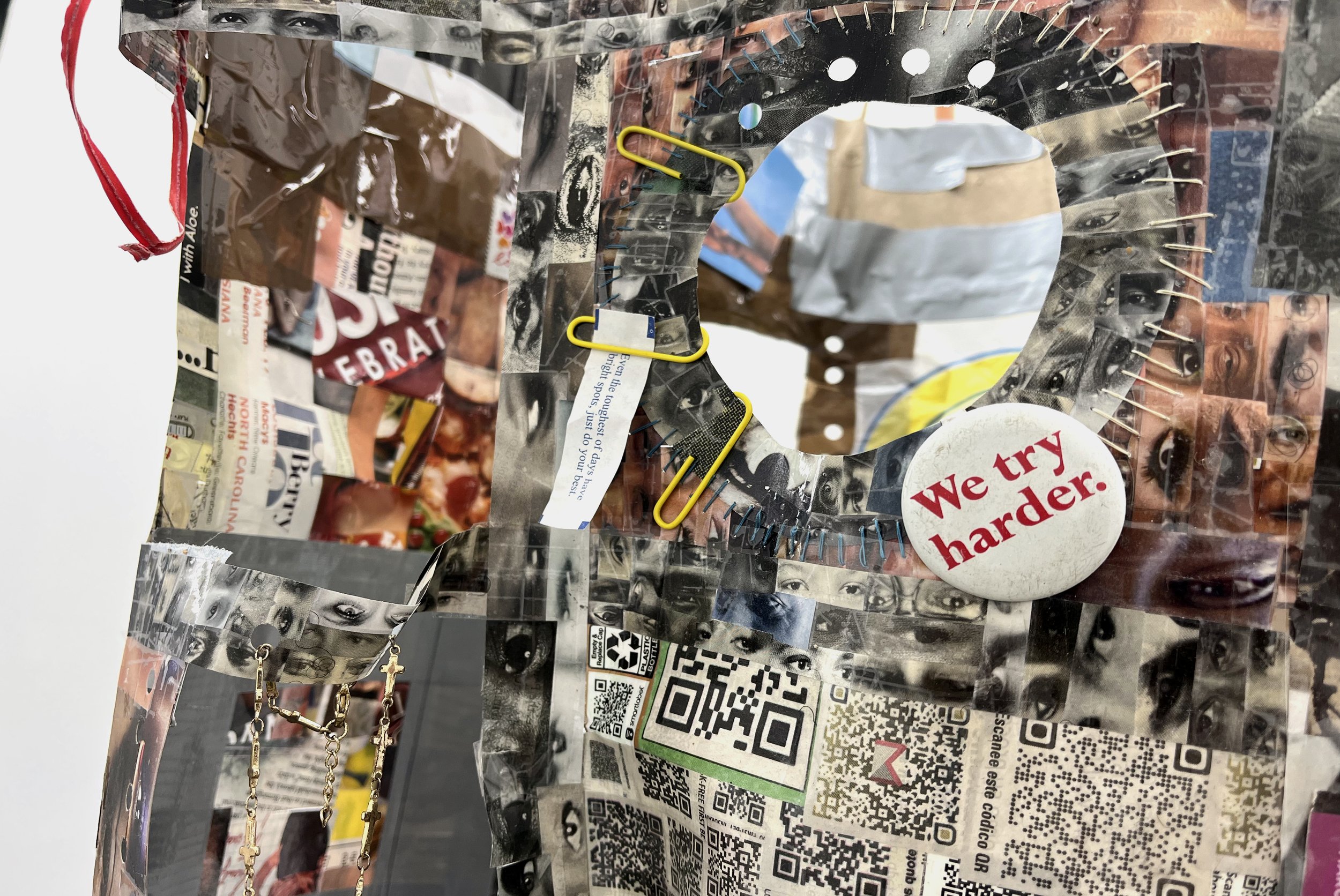 Elzie Williams III  If I Ruled The World (Time Traveler Bag) , 2023 (detail) magazines, found qr codes, clear tape, found objects, copper  26 x 18 x 6 inches (66 x 46 x 15 cm) EW9 