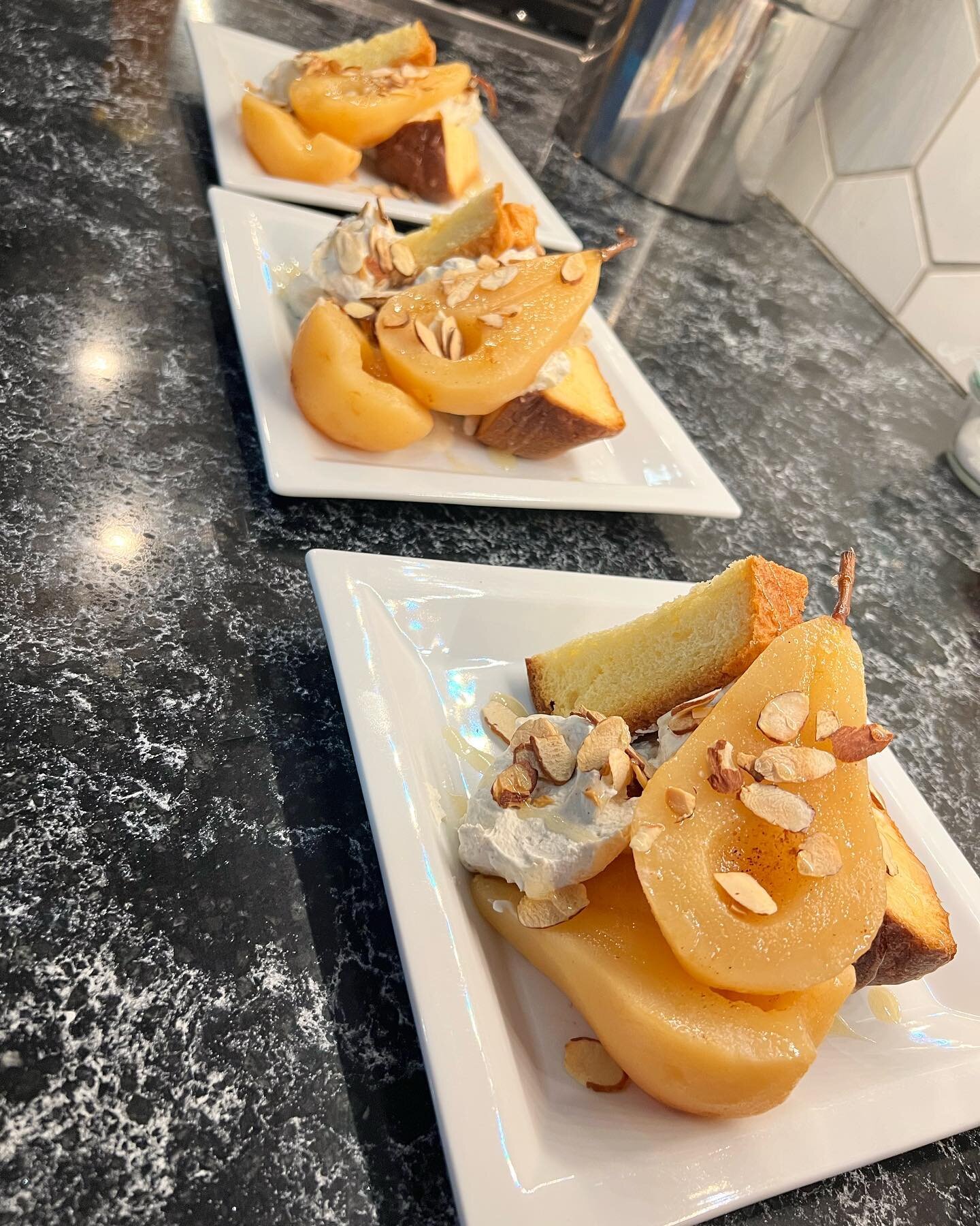 Dessert with friends, inspired by some things I&rsquo;ve been cooking at @thelynhall 
.
Poached pears, cardamom &amp; mascarpone whipped cream, honey, almonds and store-bought pandoro cake because I was short on time and this was a spur of the moment