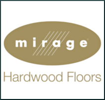 Logo for Mirage Hardwood Floors with an oval background and the text 'mirage' and 'Hardwood Floors'