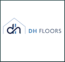 DH Floors logo with a blue and black design on a white background