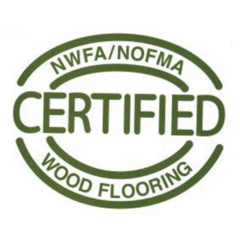 Circular green certification logo for NWFA/NOFMA wood flooring with the word 'CERTIFIED' in the center.