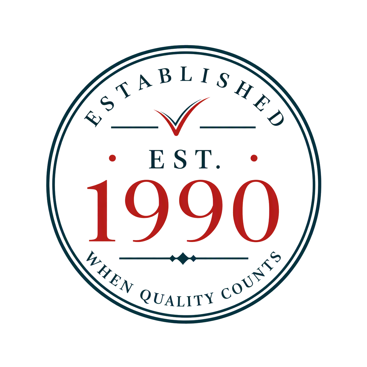 A circular badge with the words "Established" at the top and "When Quality Counts" at the bottom. In the center, it says "EST." above "1990" in large red font, with a checkmark symbol above "EST.".