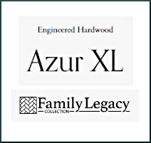 Logo of engineered hardwood flooring with Azur XL brand and Family Legacy Collection label.