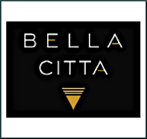 Black sign with white neon text reading 'BELLA CITTÀ' and a small yellow triangle underneath